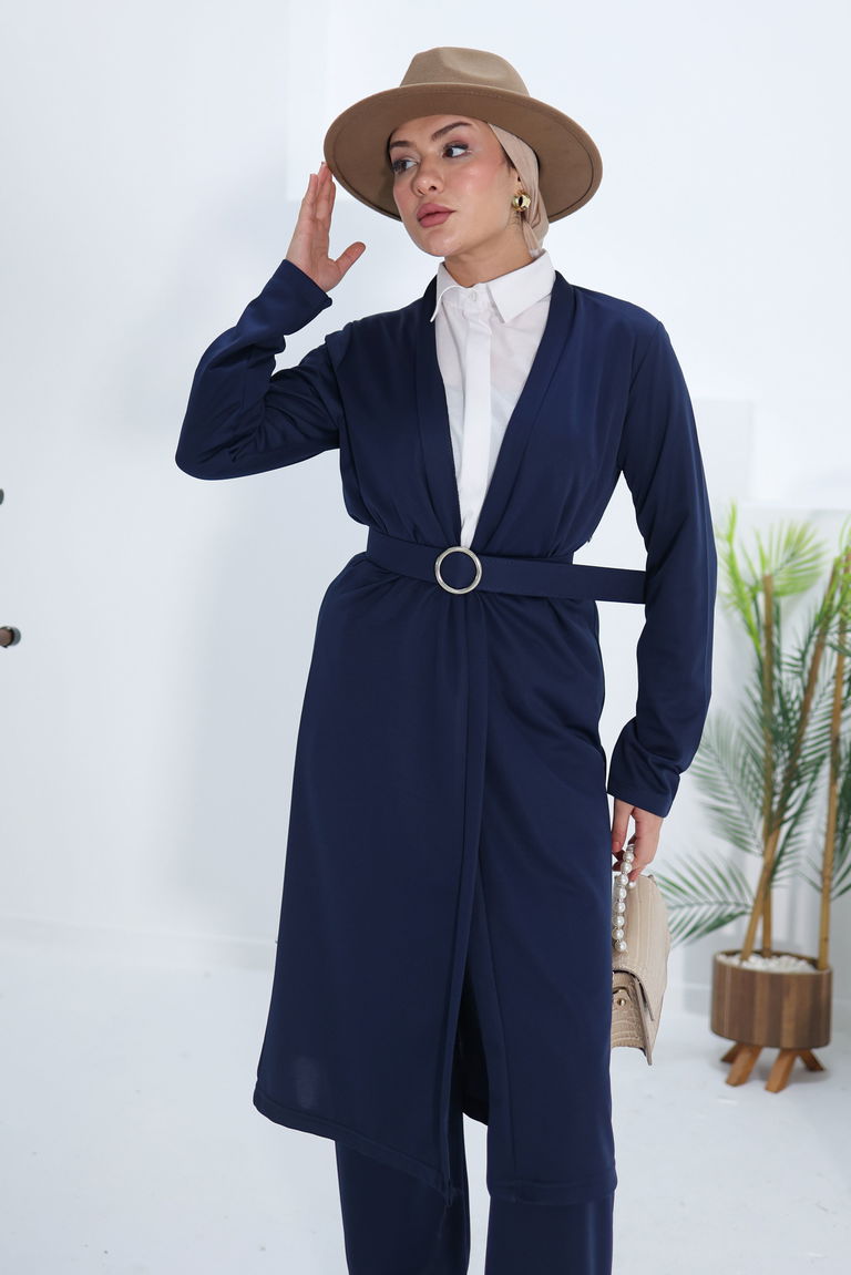 Düz Ceket Yaka Kadın Lacivert Hırka Pantolon İkili Takım - 13197 - TOFİSA