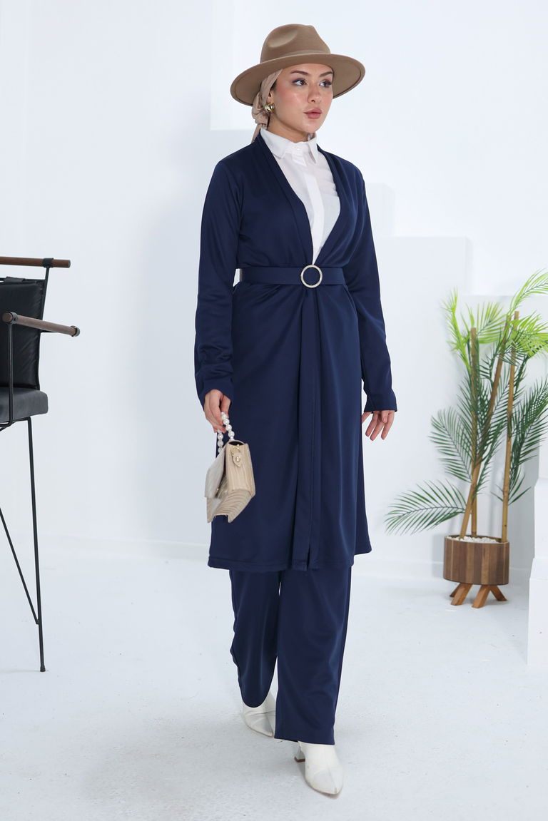 Düz Ceket Yaka Kadın Lacivert Hırka Pantolon İkili Takım - 13197 - TOFİSA