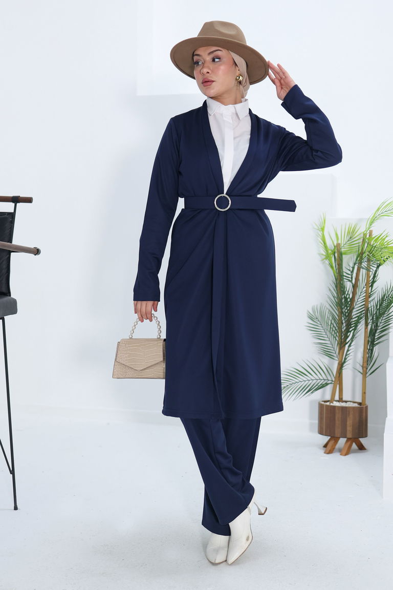 Düz Ceket Yaka Kadın Lacivert Hırka Pantolon İkili Takım - 13197 - TOFİSA