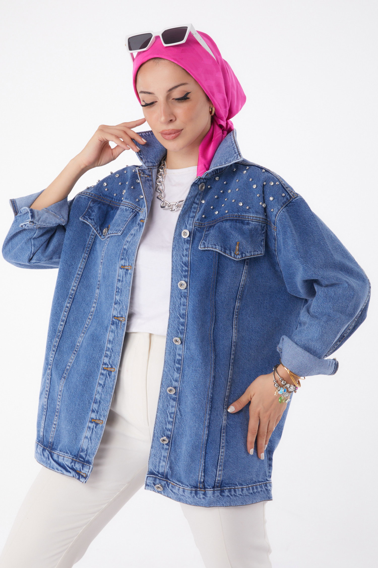 Düz Ceket Yaka Kadın Mavi Taşlı Kot Ceket - 26077 - 1