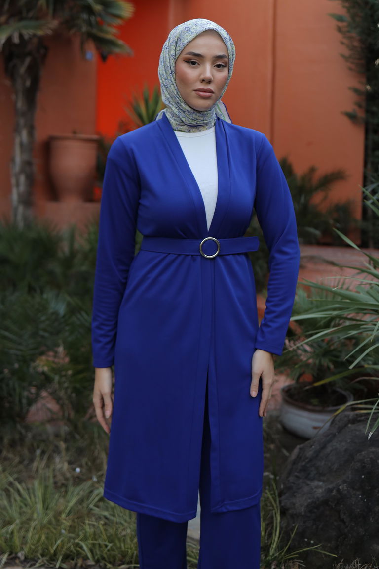 Düz Ceket Yaka Kadın Saks Hırka Pantolon İkili Takım - 13197 - TOFİSA