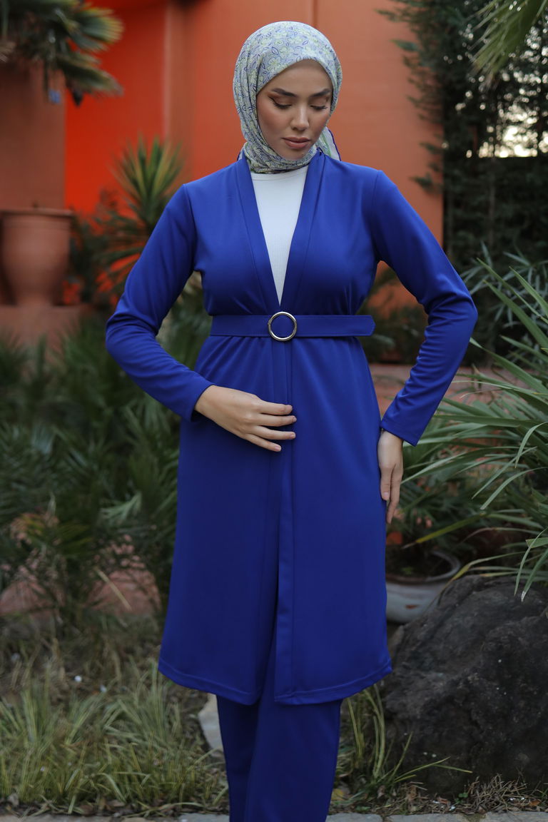 Düz Ceket Yaka Kadın Saks Hırka Pantolon İkili Takım - 13197 - TOFİSA