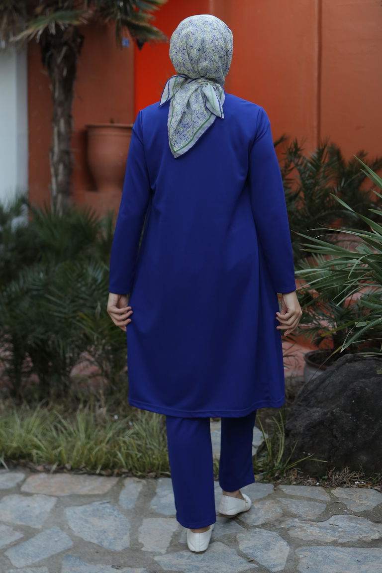 Düz Ceket Yaka Kadın Saks Hırka Pantolon İkili Takım - 13197 - TOFİSA