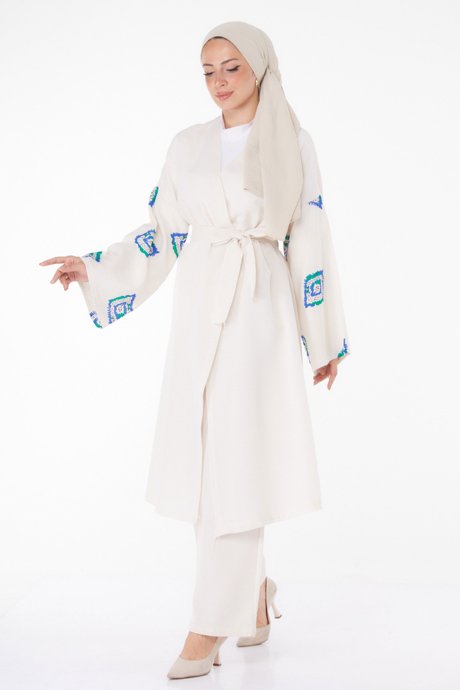 Düz Ceket Yaka Kadın Saks Kimono Pantolon İkili Takım - 13193 - 1