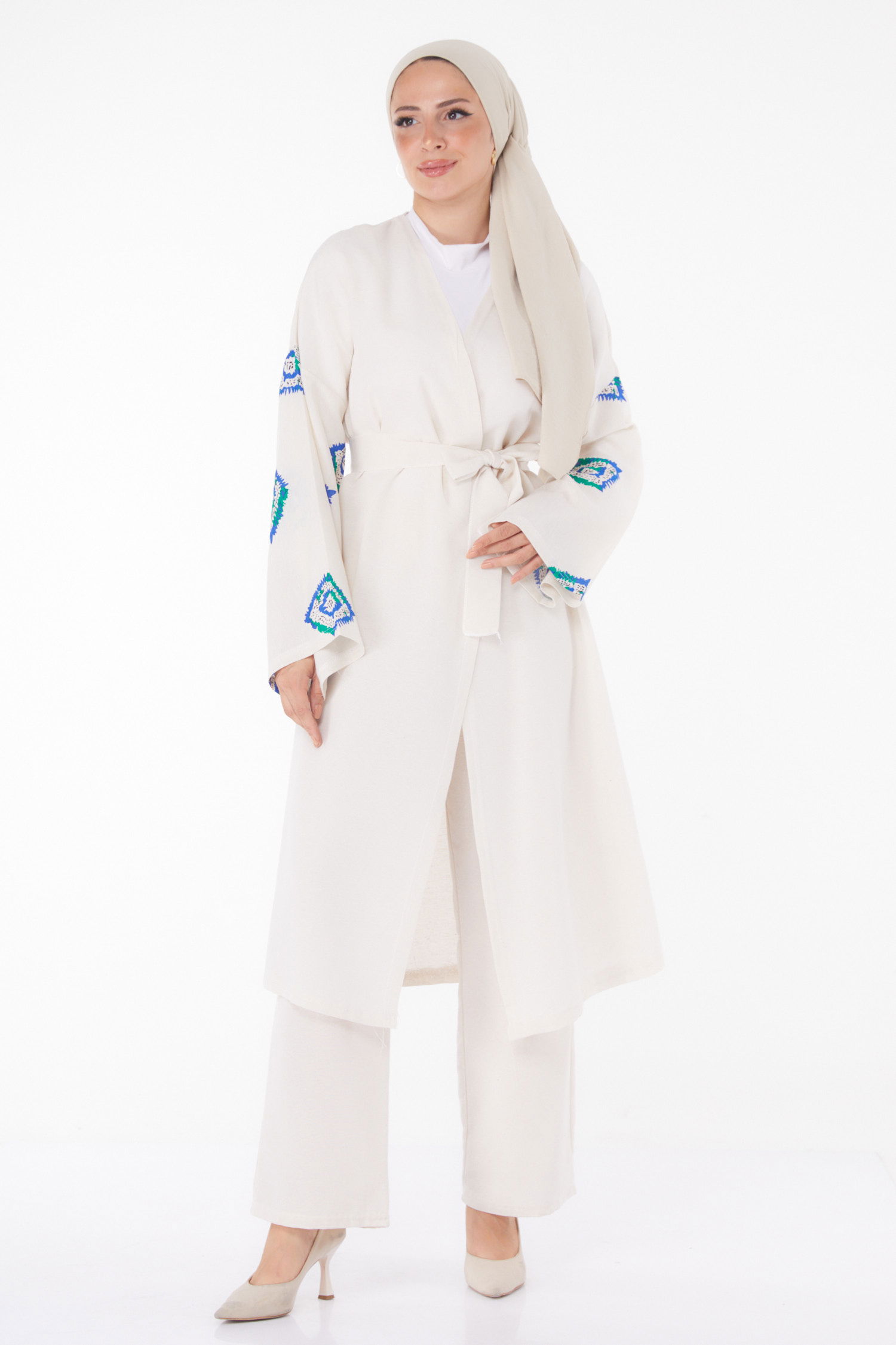 Düz Ceket Yaka Kadın Saks Kimono Pantolon İkili Takım - 13193 - 2