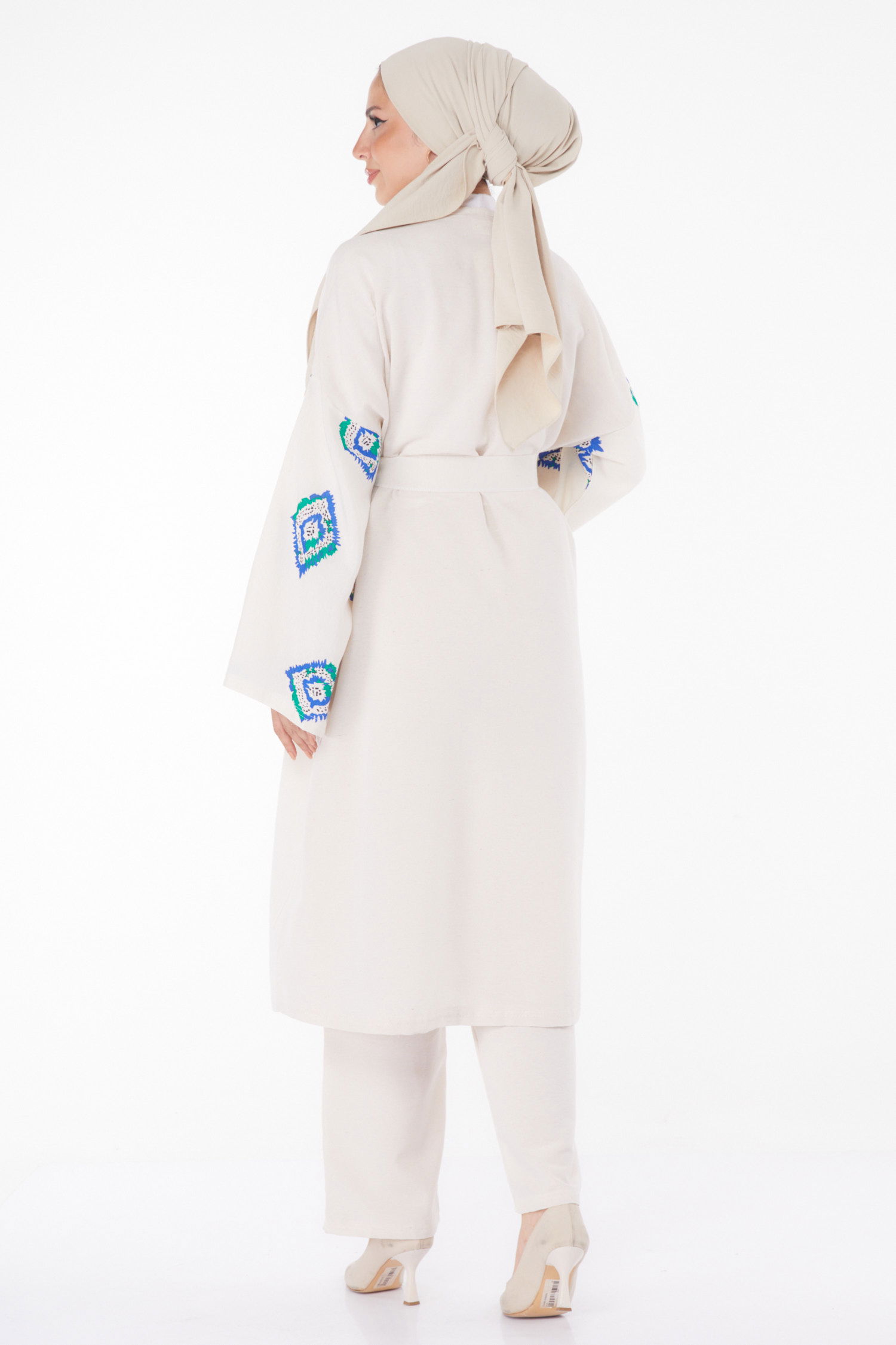 Düz Ceket Yaka Kadın Saks Kimono Pantolon İkili Takım - 13193 - 5