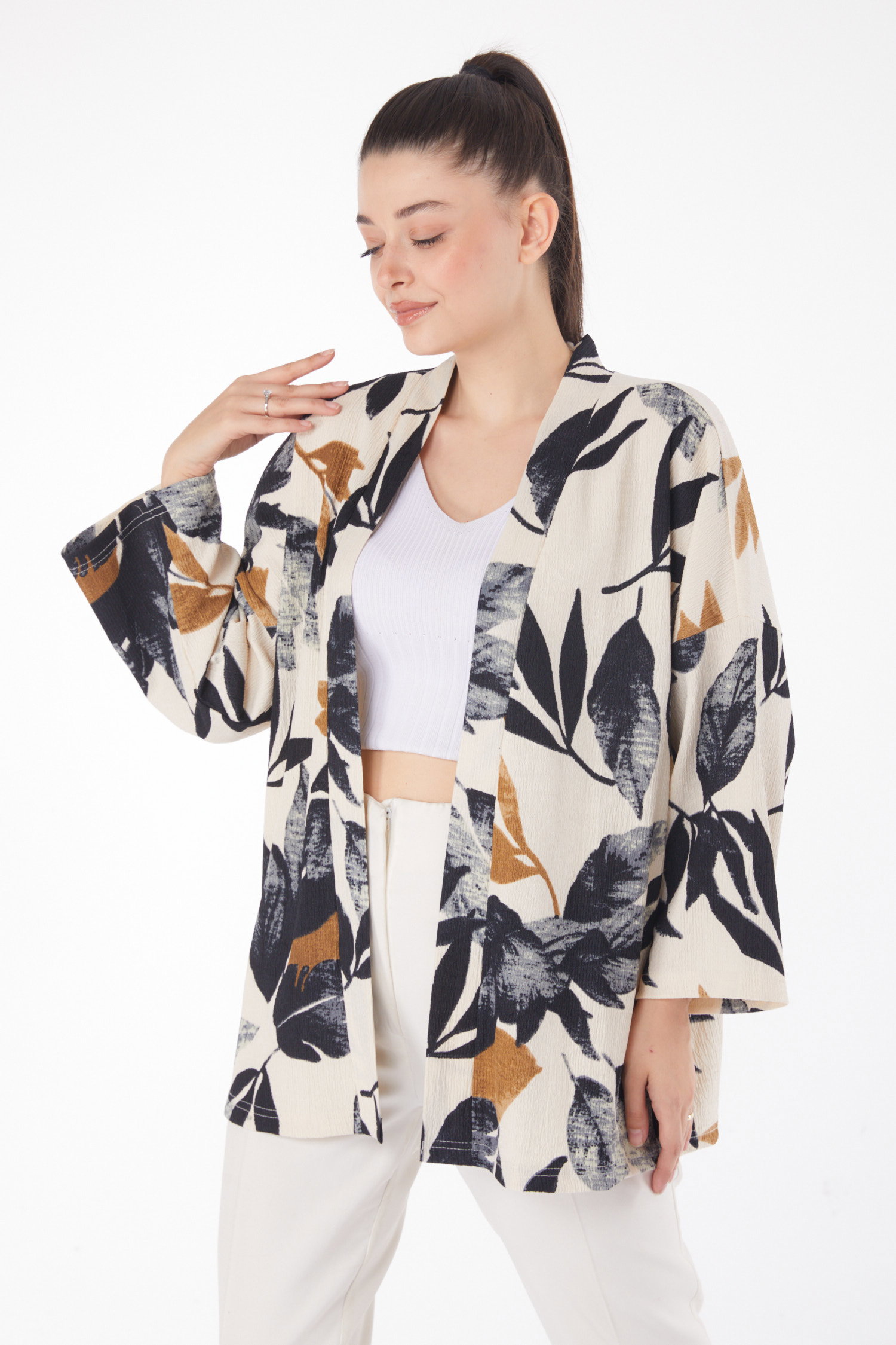 Düz Ceket Yaka Kadın Siyah Desenli Kimono - 25869 - 1