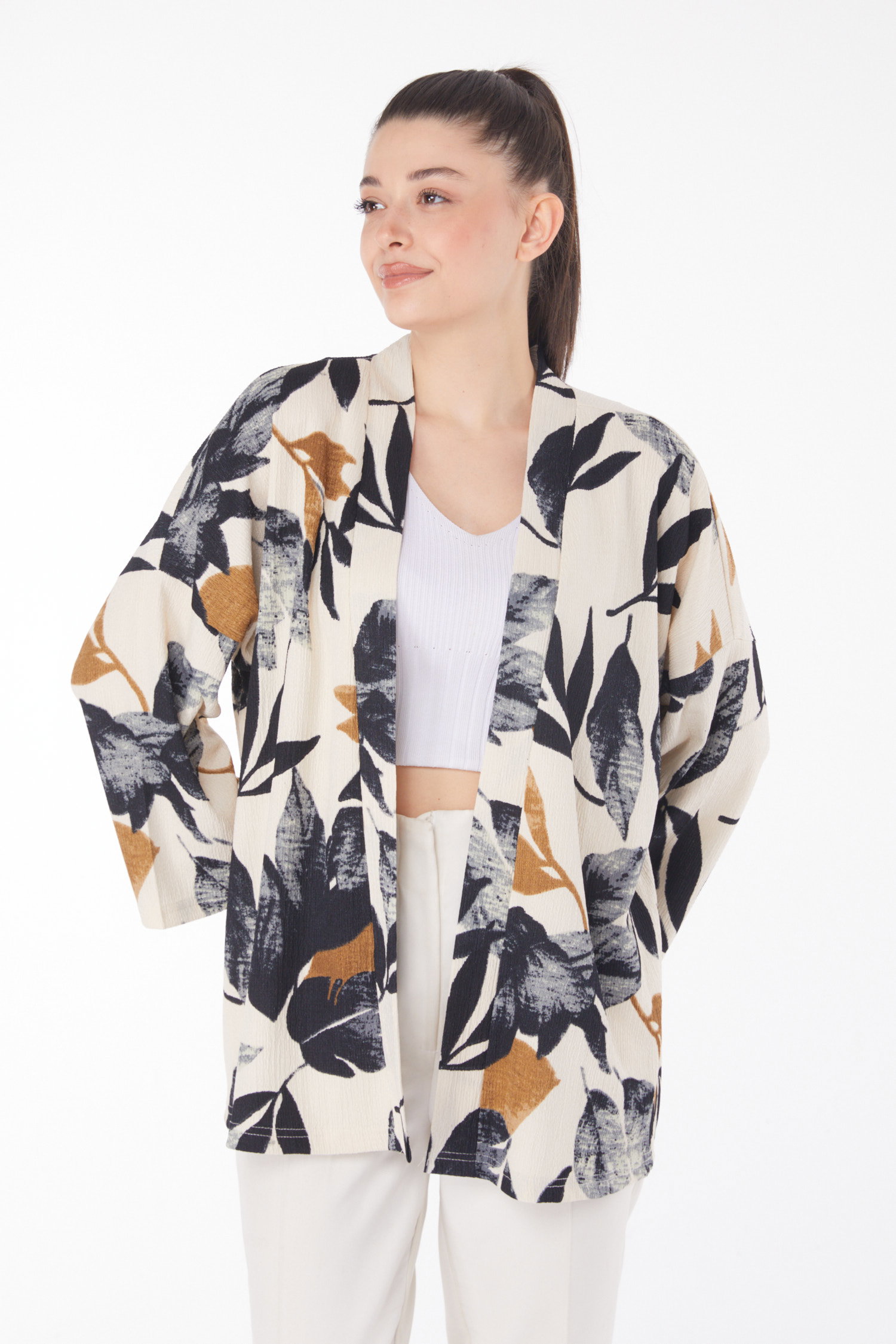 Düz Ceket Yaka Kadın Siyah Desenli Kimono - 25869 - 2
