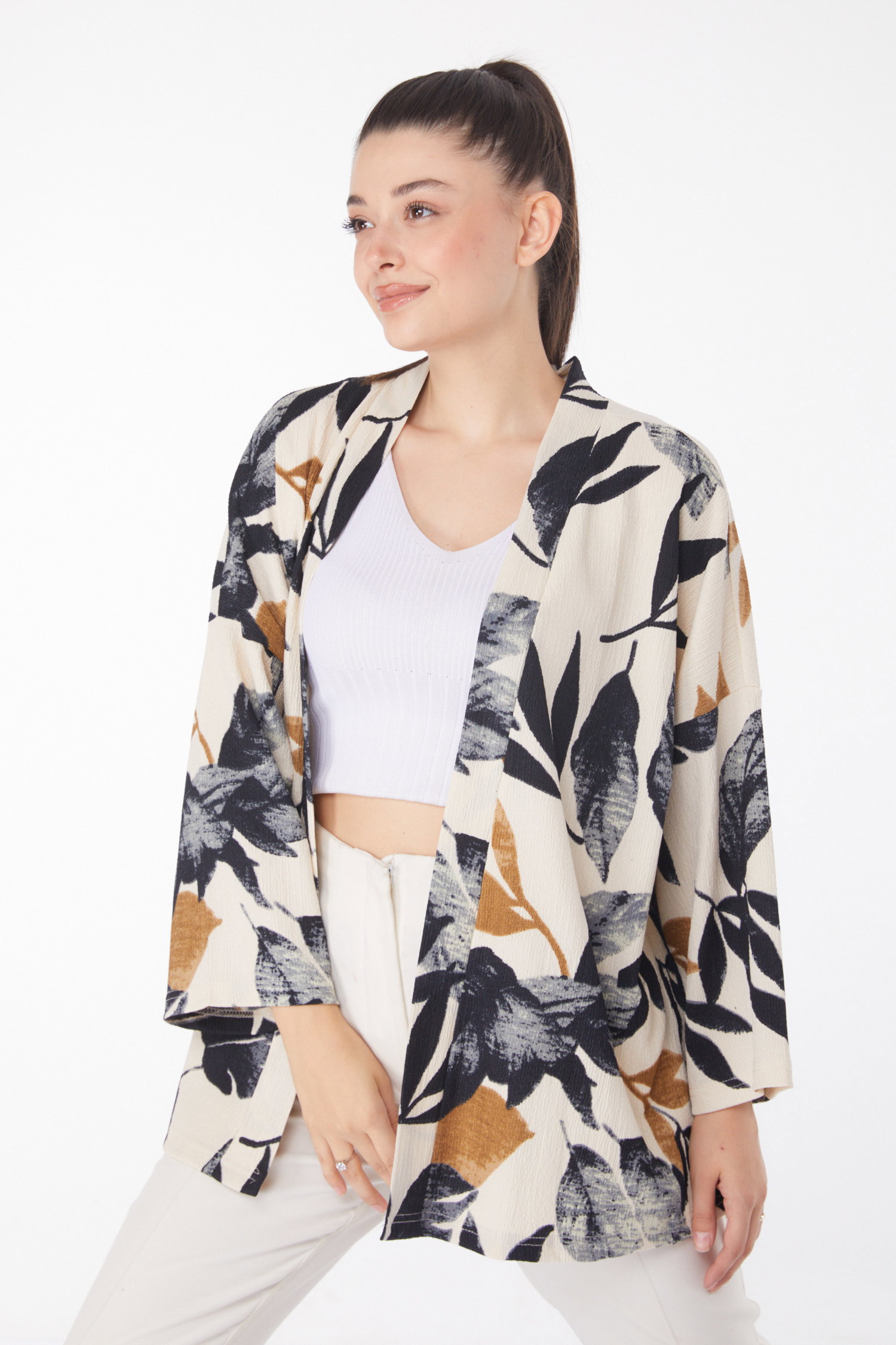 Düz Ceket Yaka Kadın Siyah Desenli Kimono - 25869 - 3