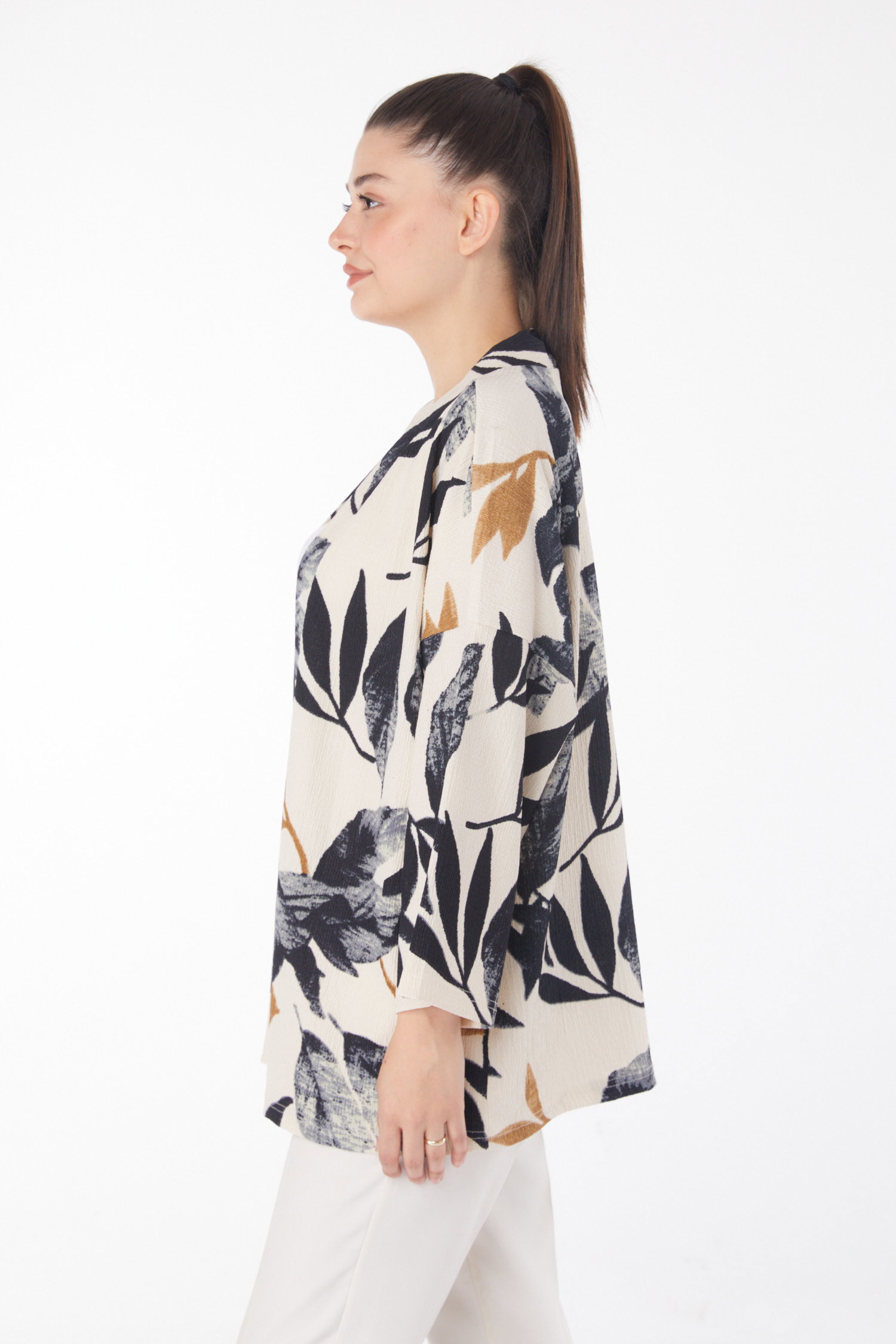 Düz Ceket Yaka Kadın Siyah Desenli Kimono - 25869 - 4