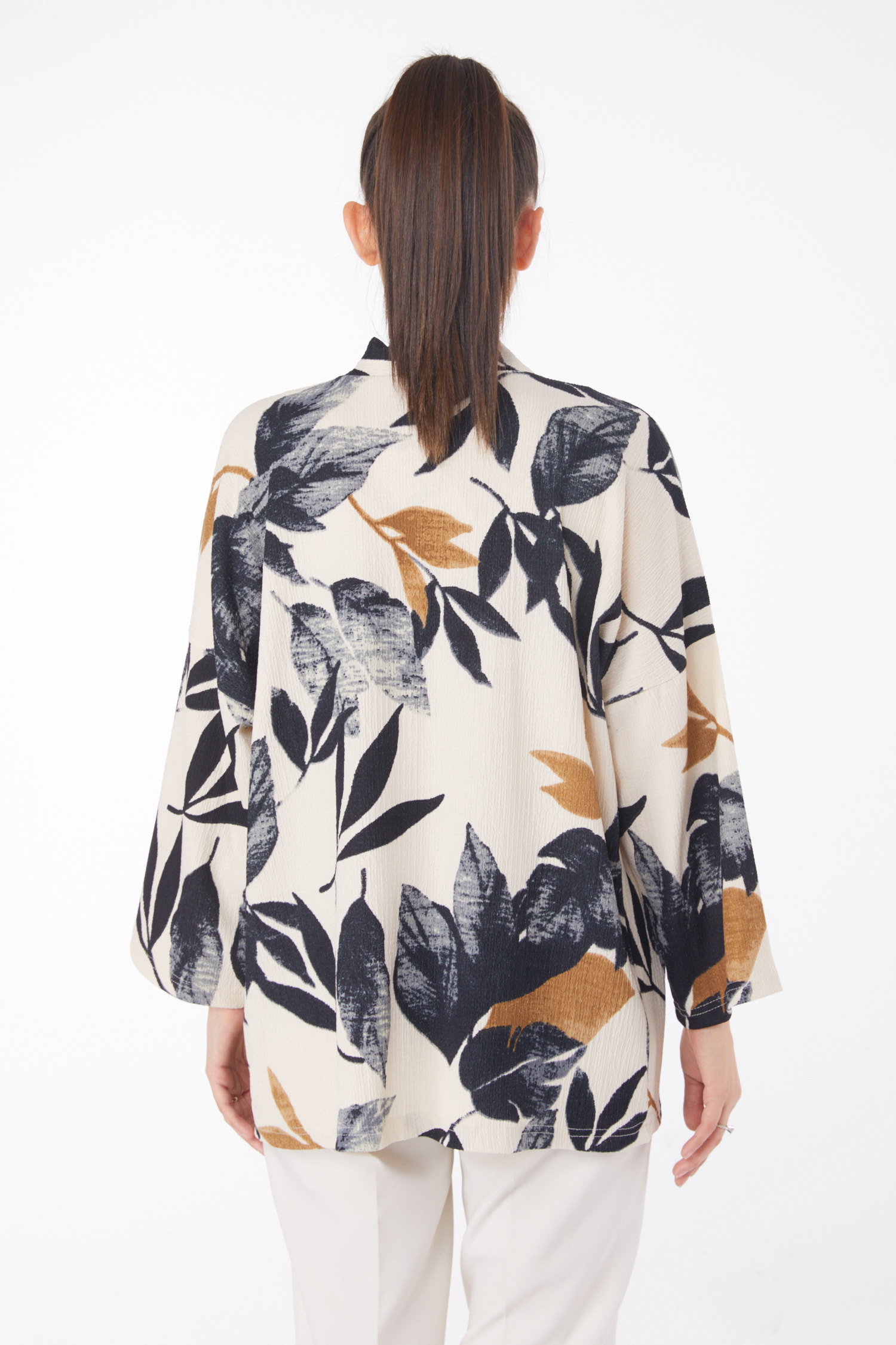 Düz Ceket Yaka Kadın Siyah Desenli Kimono - 25869 - 5