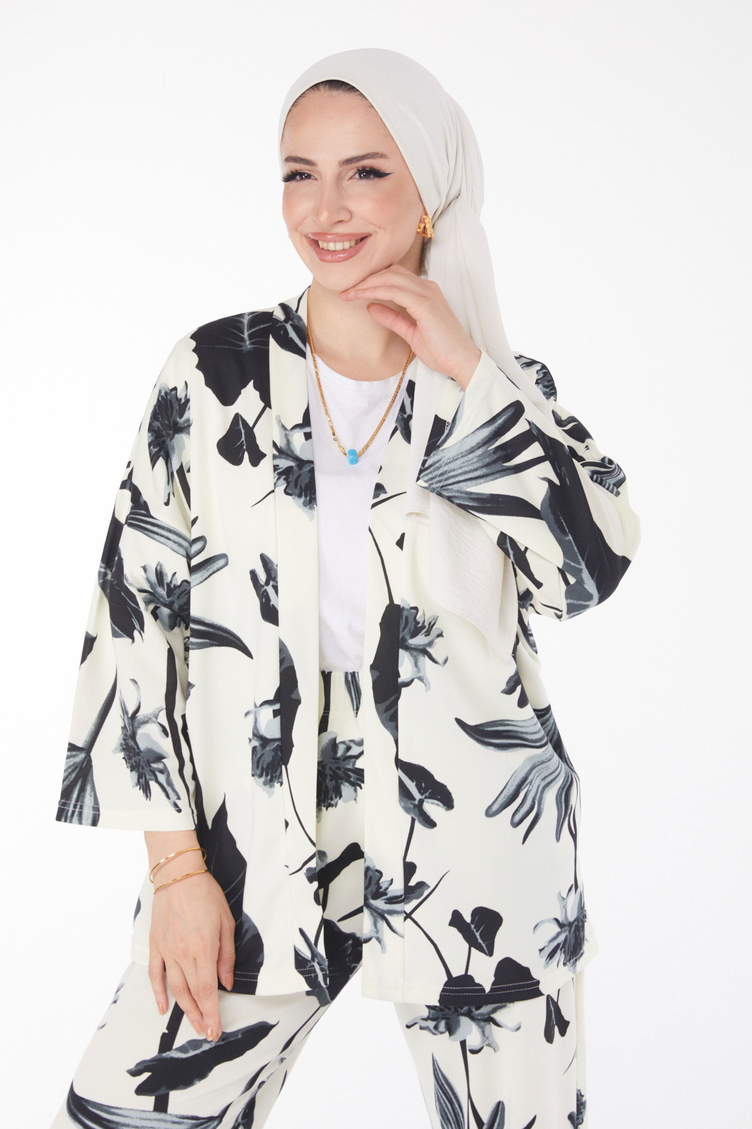 Düz Ceket Yaka Kadın Siyah Desenli Kimono Takım - 25875 - 3