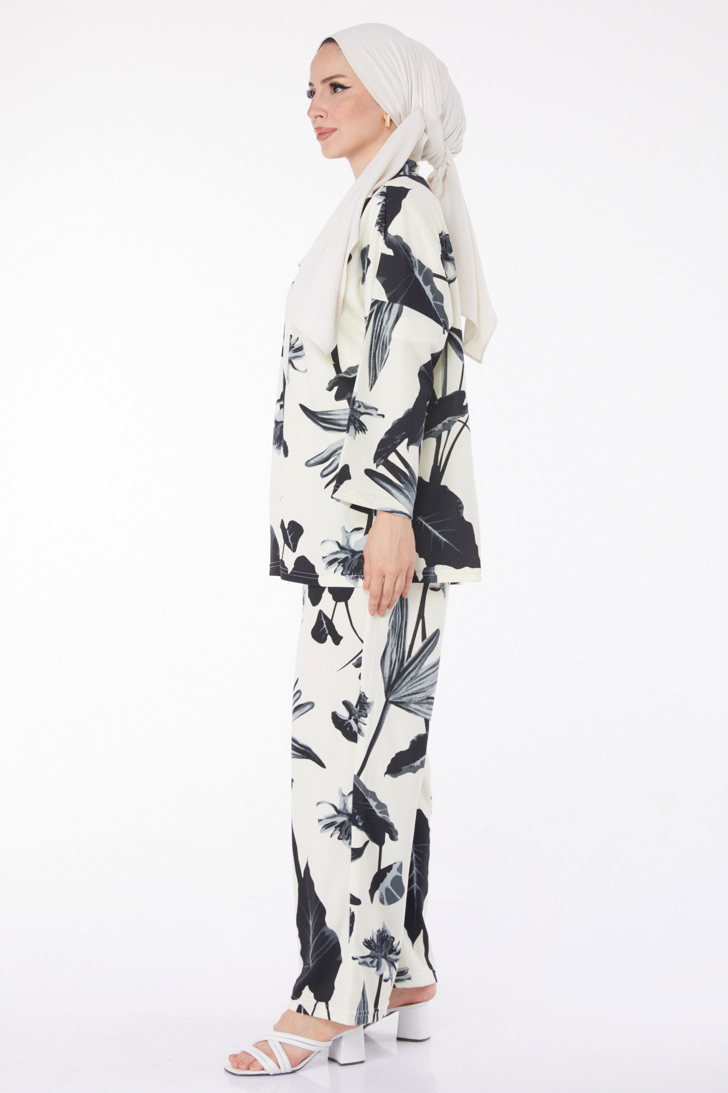 Düz Ceket Yaka Kadın Siyah Desenli Kimono Takım - 25875 - 4