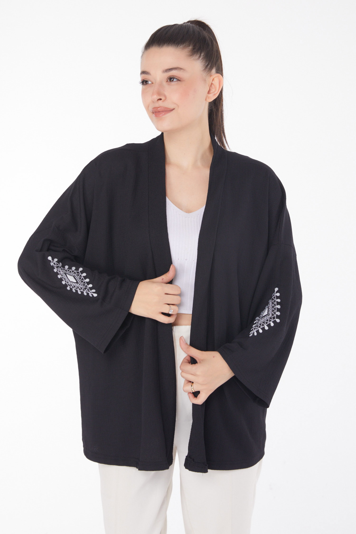 Düz Ceket Yaka Kadın Siyah Kol Baskılı Kimono - 25860 - 1