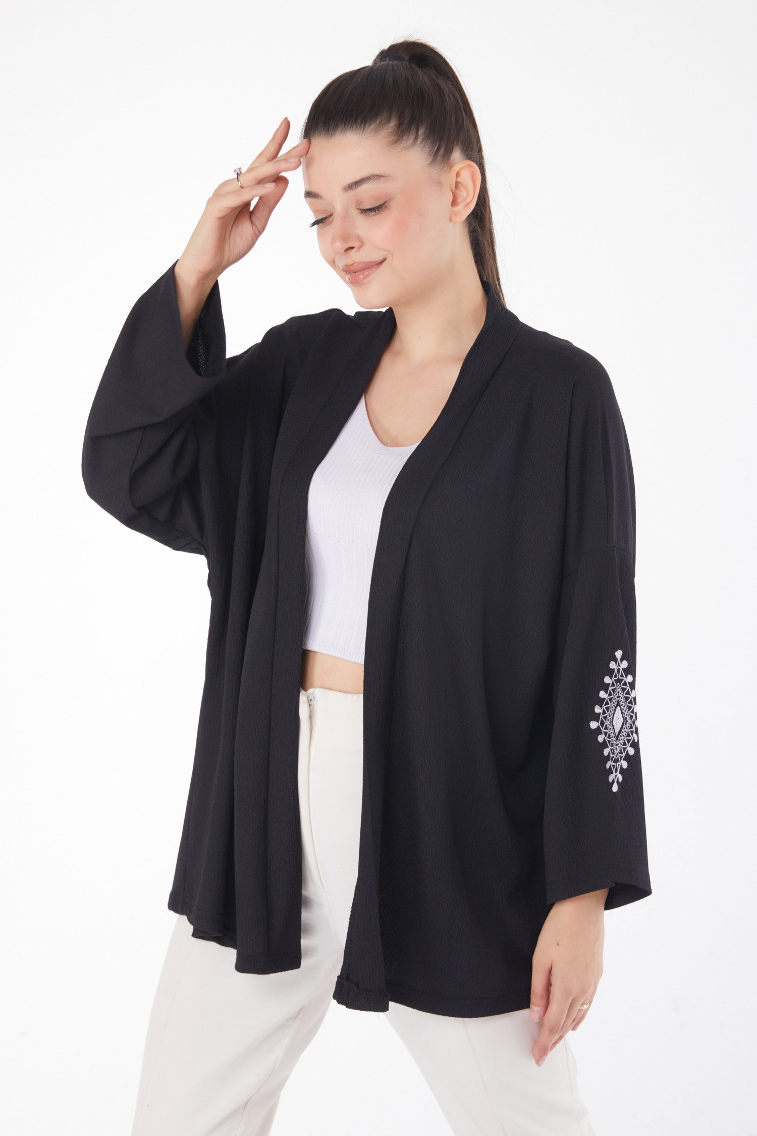 Düz Ceket Yaka Kadın Siyah Kol Baskılı Kimono - 25860 - 2