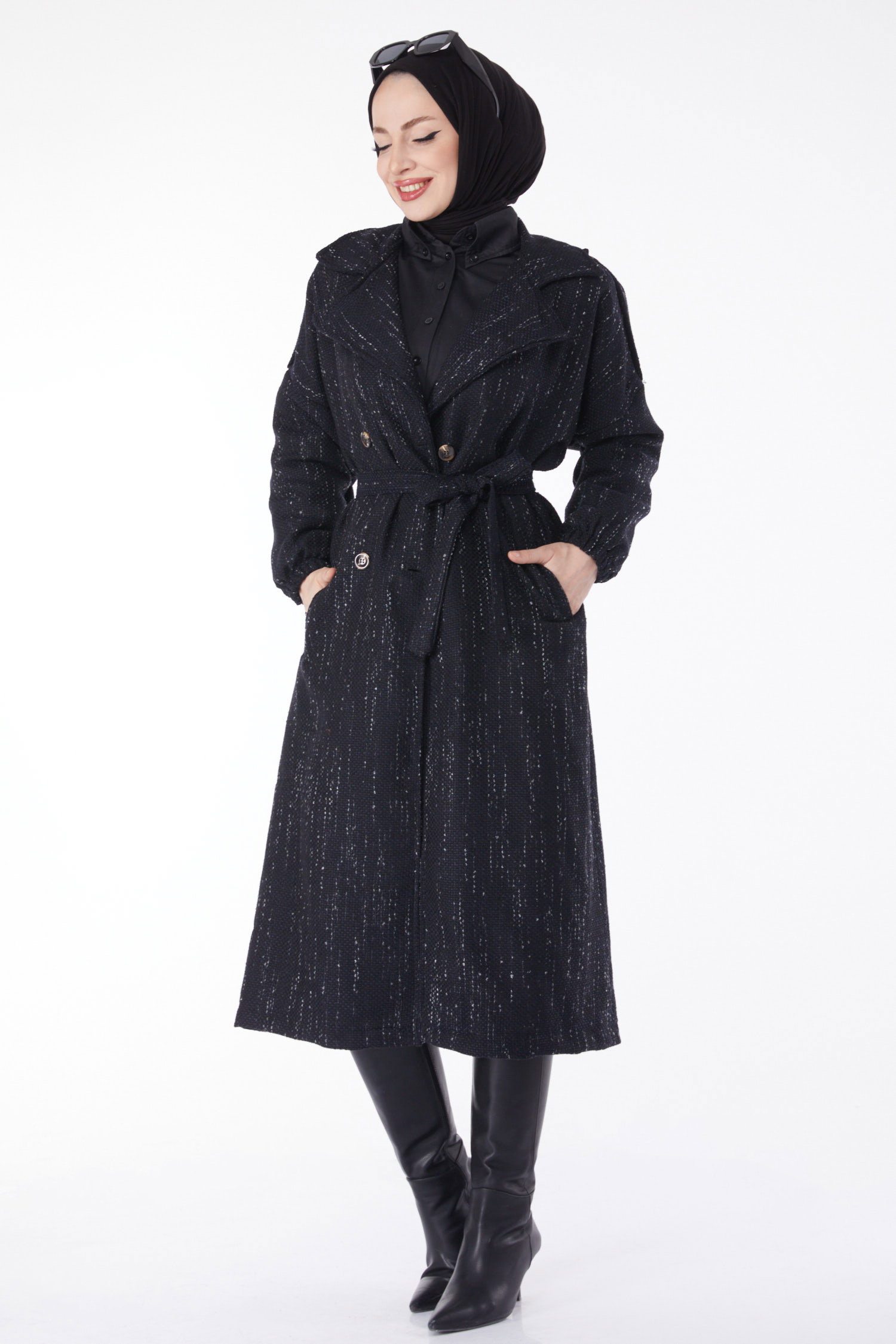 Düz Ceket Yaka Kadın Siyah Kruvaze Yaka Kuşaklı Kaşe Kaban - 13137 - 1