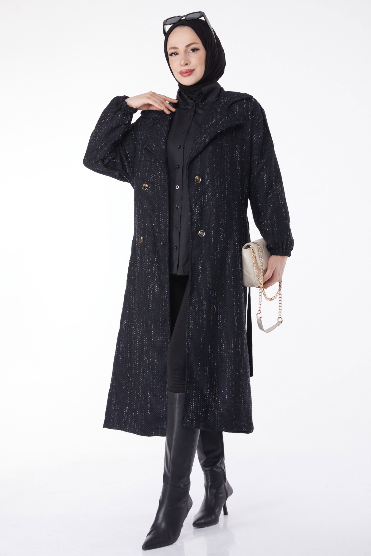 Düz Ceket Yaka Kadın Siyah Kruvaze Yaka Kuşaklı Kaşe Kaban - 13137 - 2