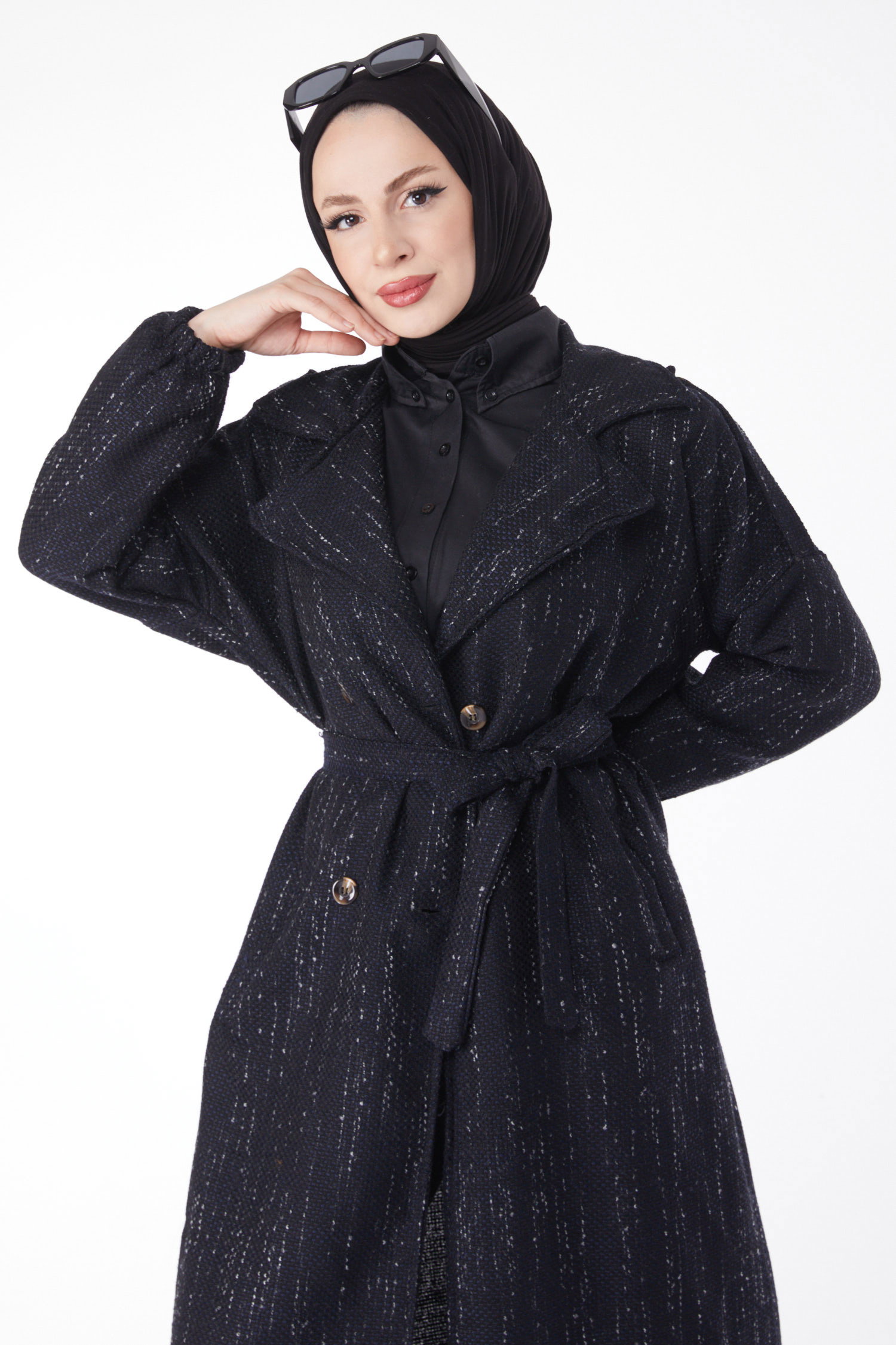 Düz Ceket Yaka Kadın Siyah Kruvaze Yaka Kuşaklı Kaşe Kaban - 13137 - 3