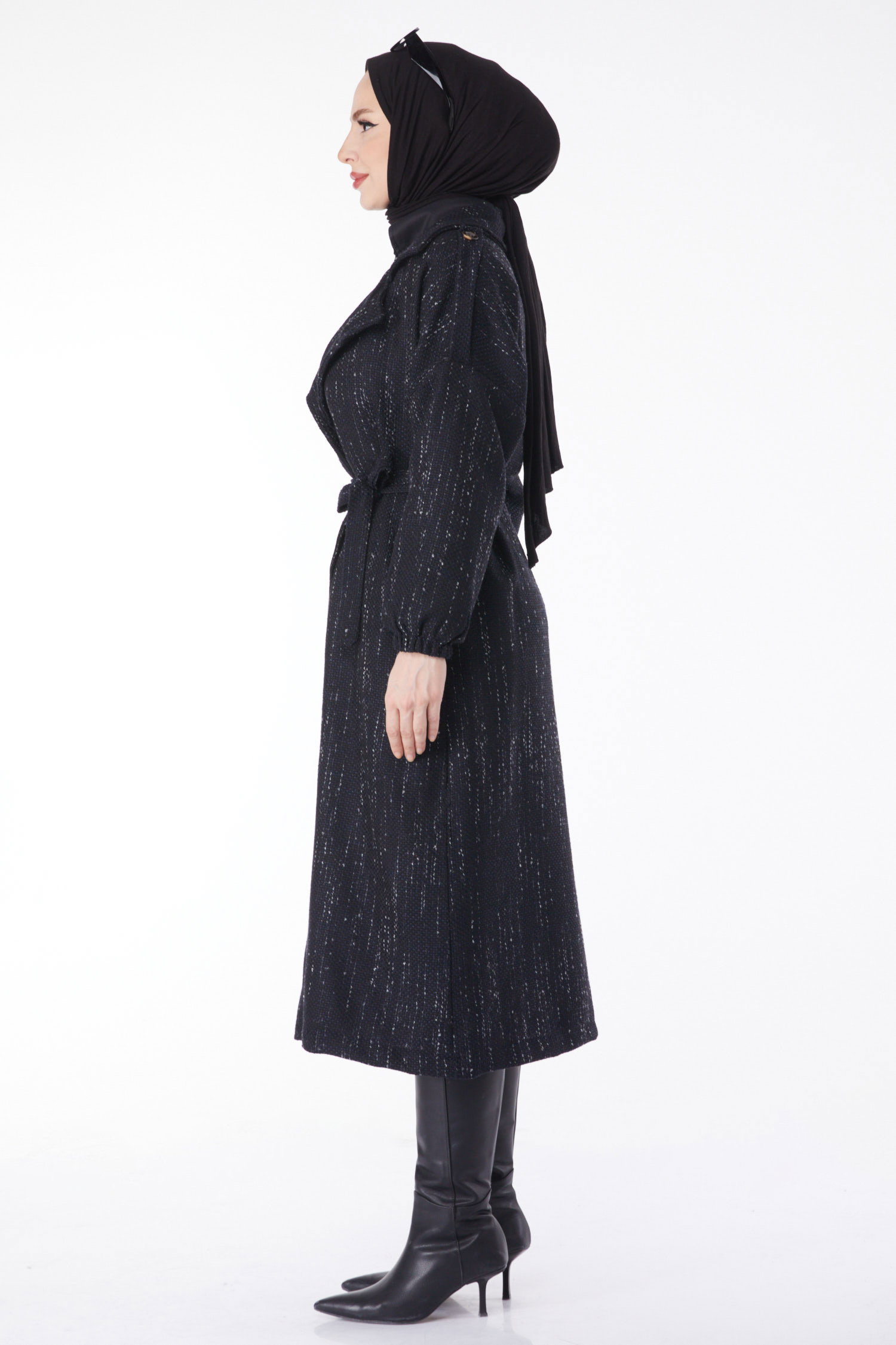 Düz Ceket Yaka Kadın Siyah Kruvaze Yaka Kuşaklı Kaşe Kaban - 13137 - 4