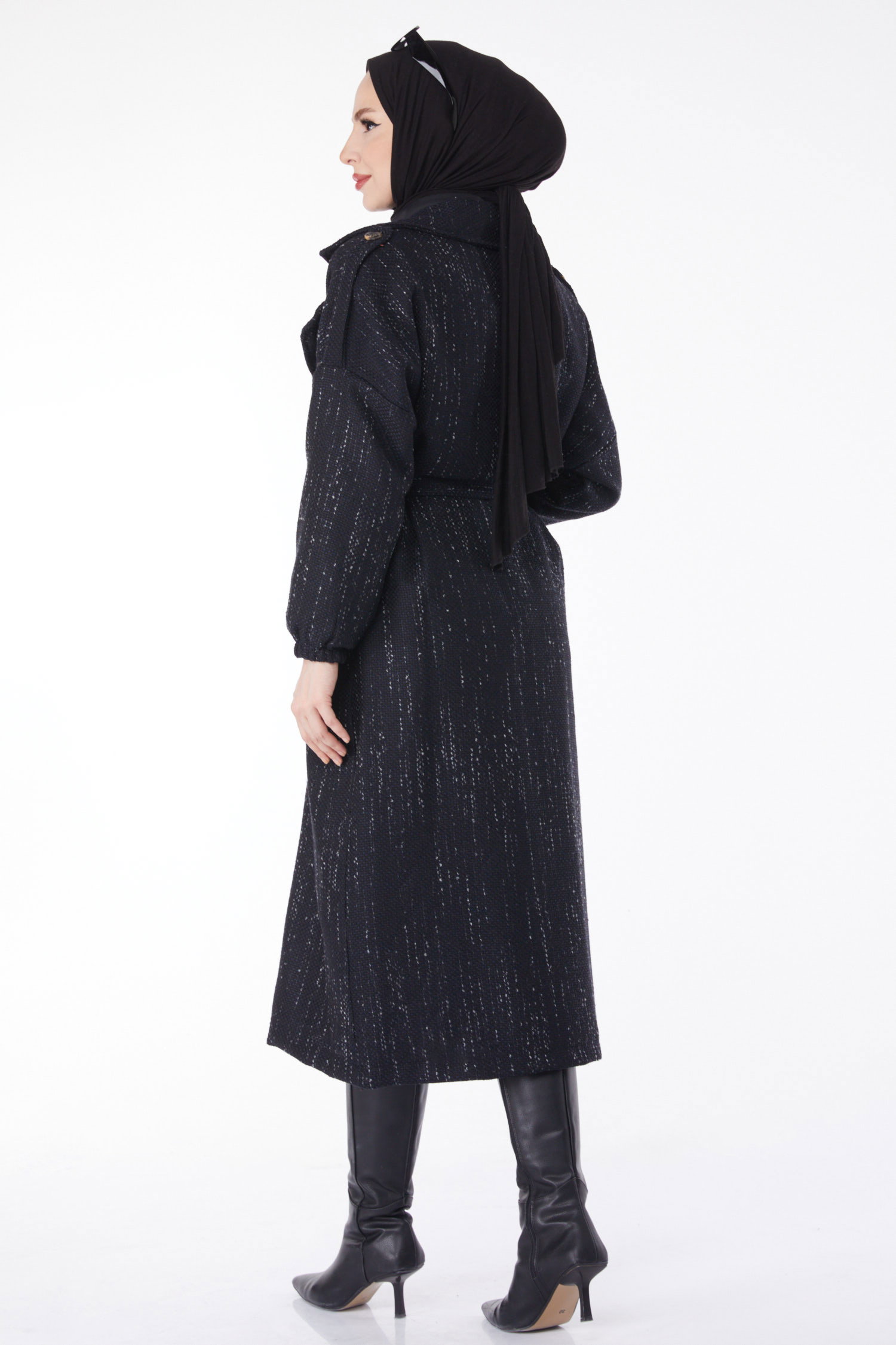 Düz Ceket Yaka Kadın Siyah Kruvaze Yaka Kuşaklı Kaşe Kaban - 13137 - 5