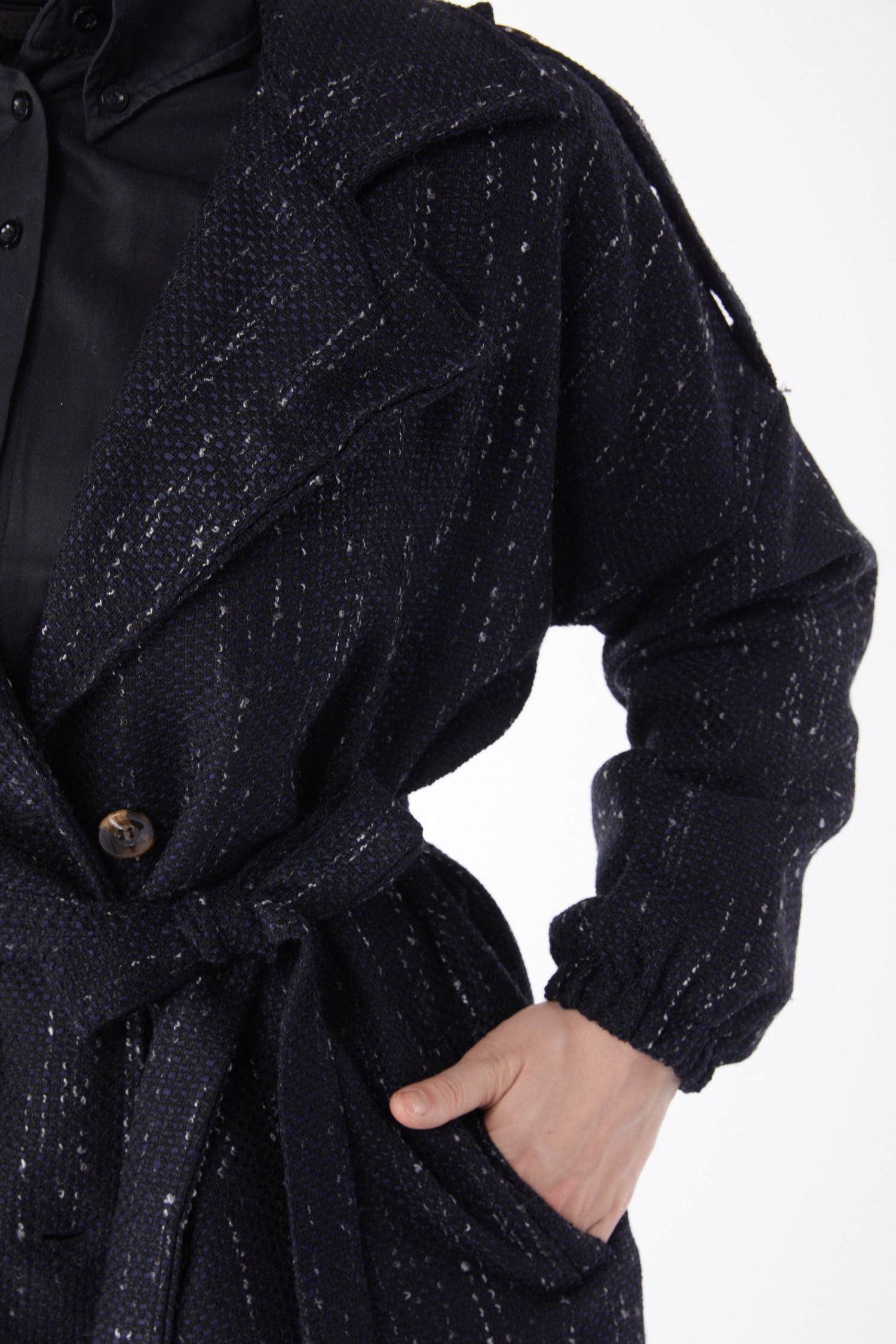 Düz Ceket Yaka Kadın Siyah Kruvaze Yaka Kuşaklı Kaşe Kaban - 13137 - 6