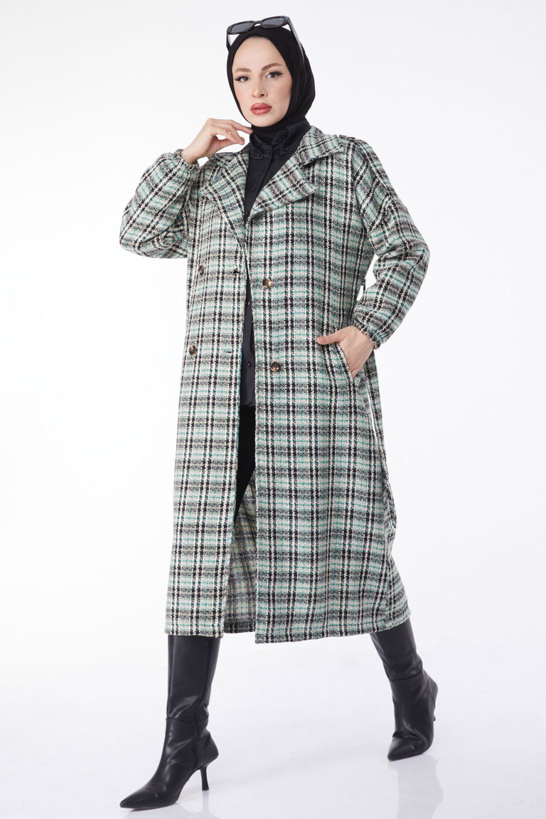 Kruvaze Yaka Kuşaklı Kaşe Kaban Yesil - 13137 - TOFİSA