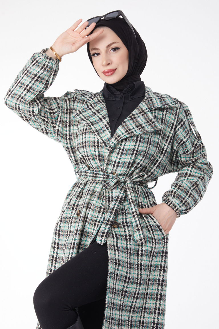 Kruvaze Yaka Kuşaklı Kaşe Kaban Yesil - 13137 - TOFİSA