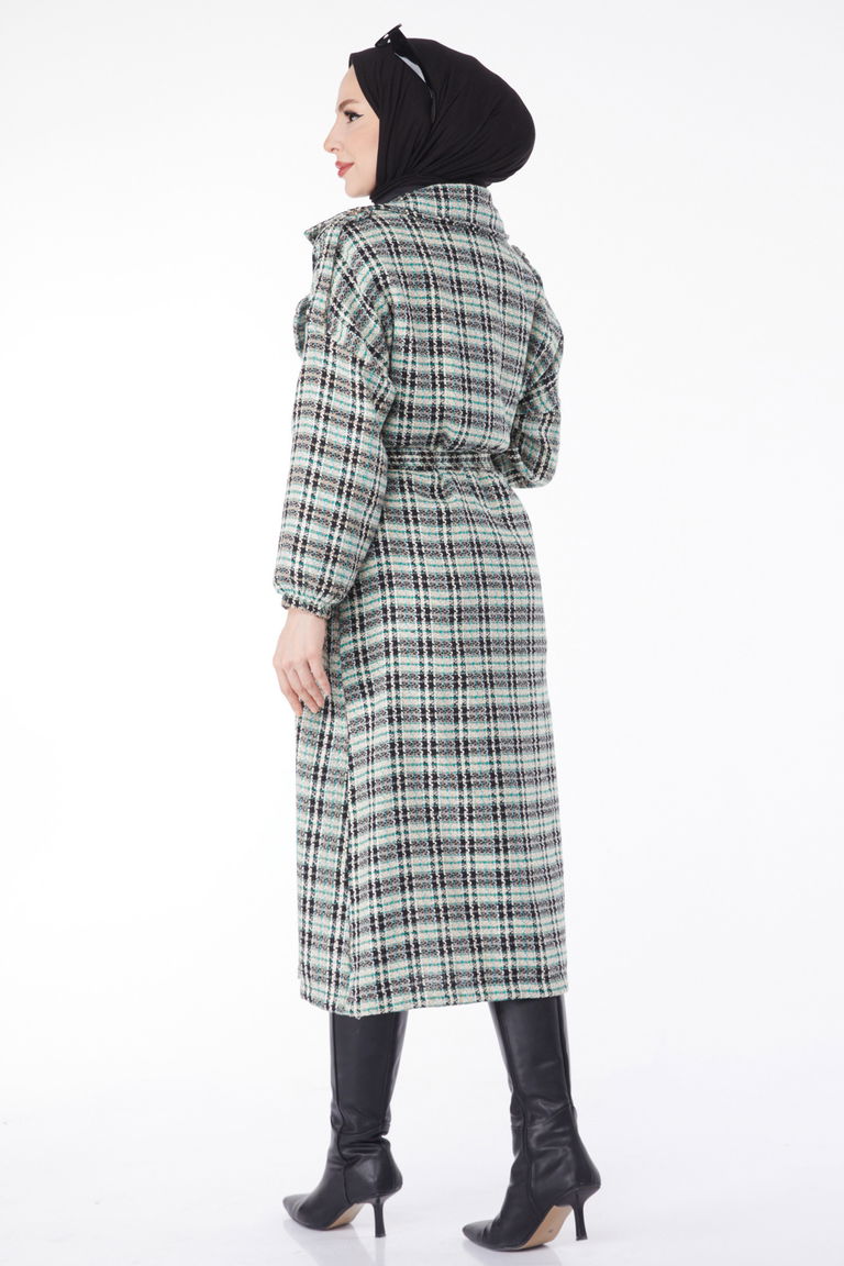 Kruvaze Yaka Kuşaklı Kaşe Kaban Yesil - 13137 - TOFİSA