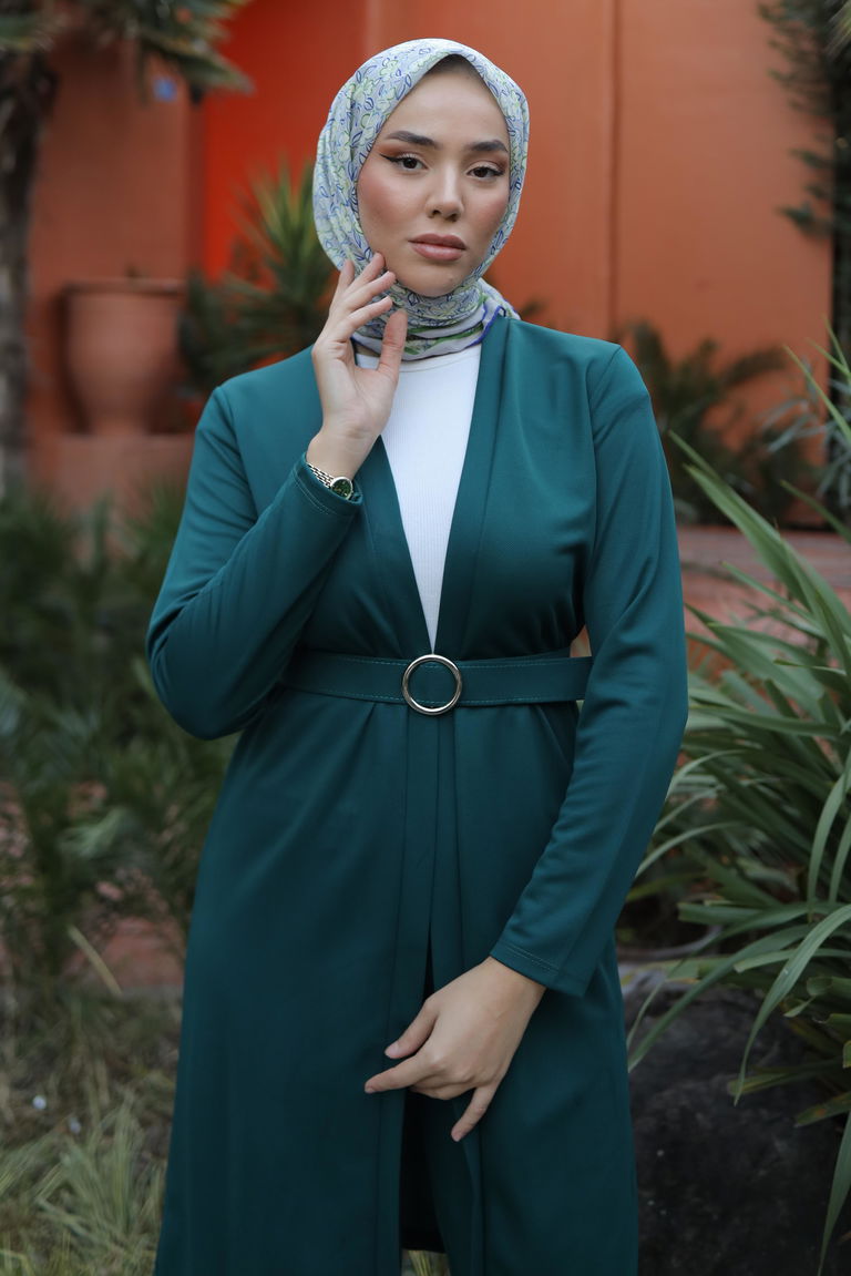 Düz Ceket Yaka Kadın Zümrüt Hırka Pantolon İkili Takım - 13197 - TOFİSA