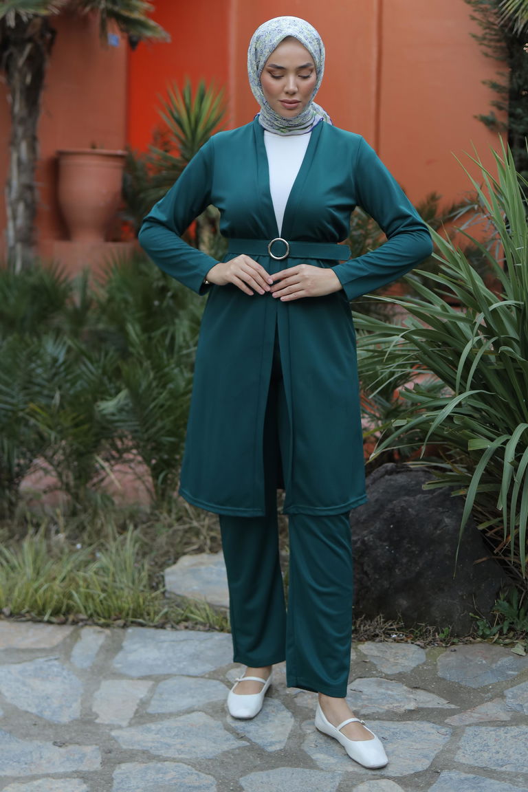 Düz Ceket Yaka Kadın Zümrüt Hırka Pantolon İkili Takım - 13197 - TOFİSA