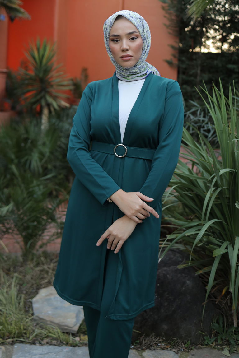 Düz Ceket Yaka Kadın Zümrüt Hırka Pantolon İkili Takım - 13197 - TOFİSA