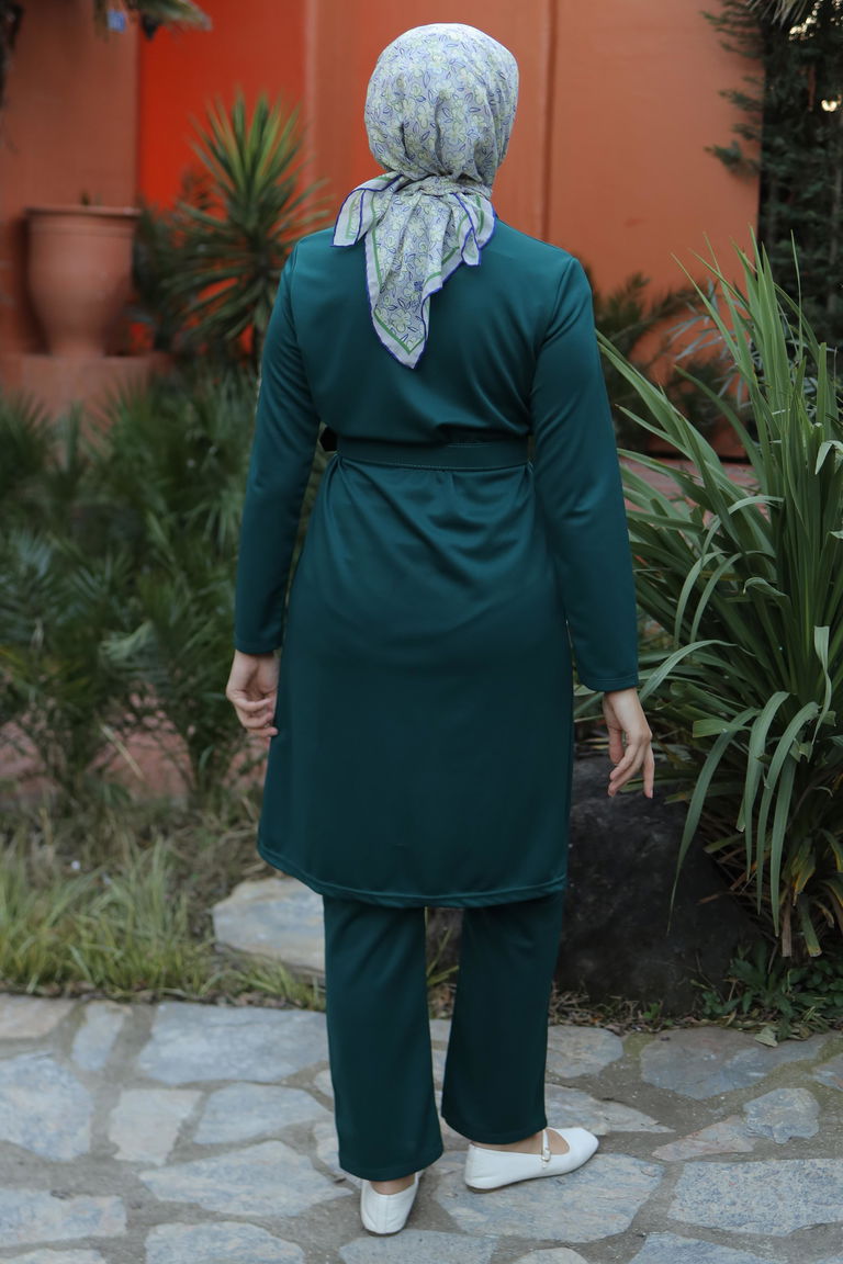 Düz Ceket Yaka Kadın Zümrüt Hırka Pantolon İkili Takım - 13197 - TOFİSA