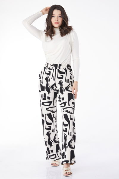 Düz Degaje Yaka Kadın Beyaz Siyah Desenli Pantolon - 25117 