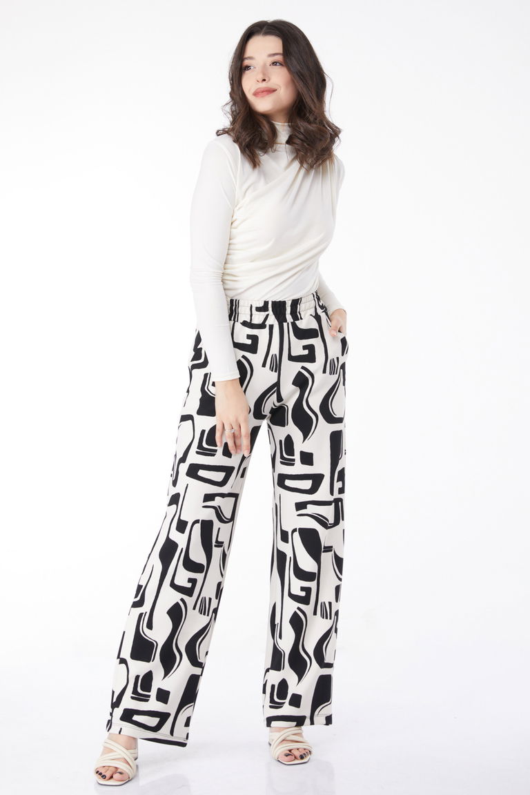 Düz Degaje Yaka Kadın Beyaz Siyah Desenli Pantolon - 25117 - TOFİSA