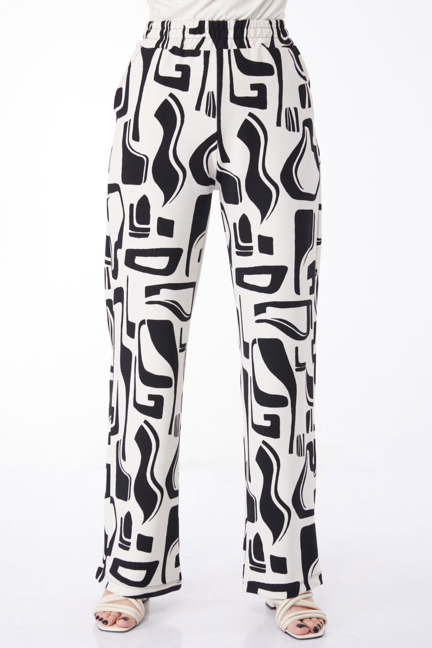 Düz Degaje Yaka Kadın Beyaz Siyah Desenli Pantolon - 25117 - 3