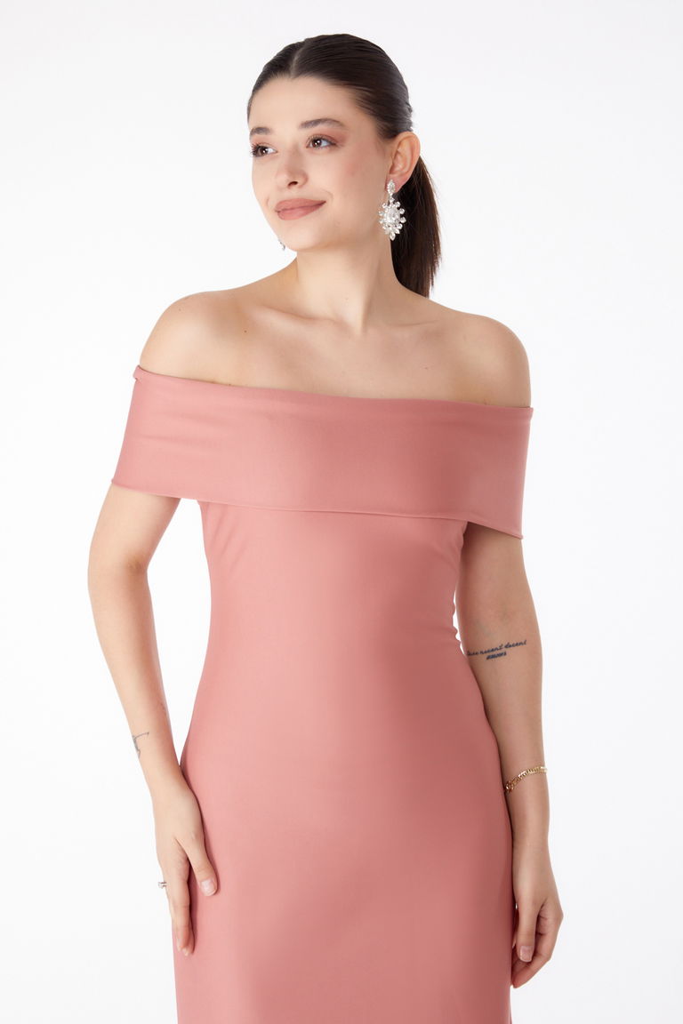 Düz Degaje Yaka Kadın Gül Abiye Elbise - 13187 - TOFİSA