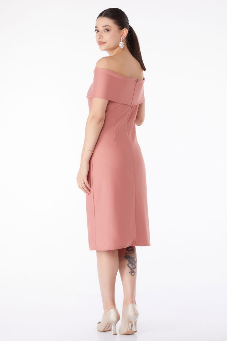 Düz Degaje Yaka Kadın Gül Abiye Elbise - 13187 - TOFİSA