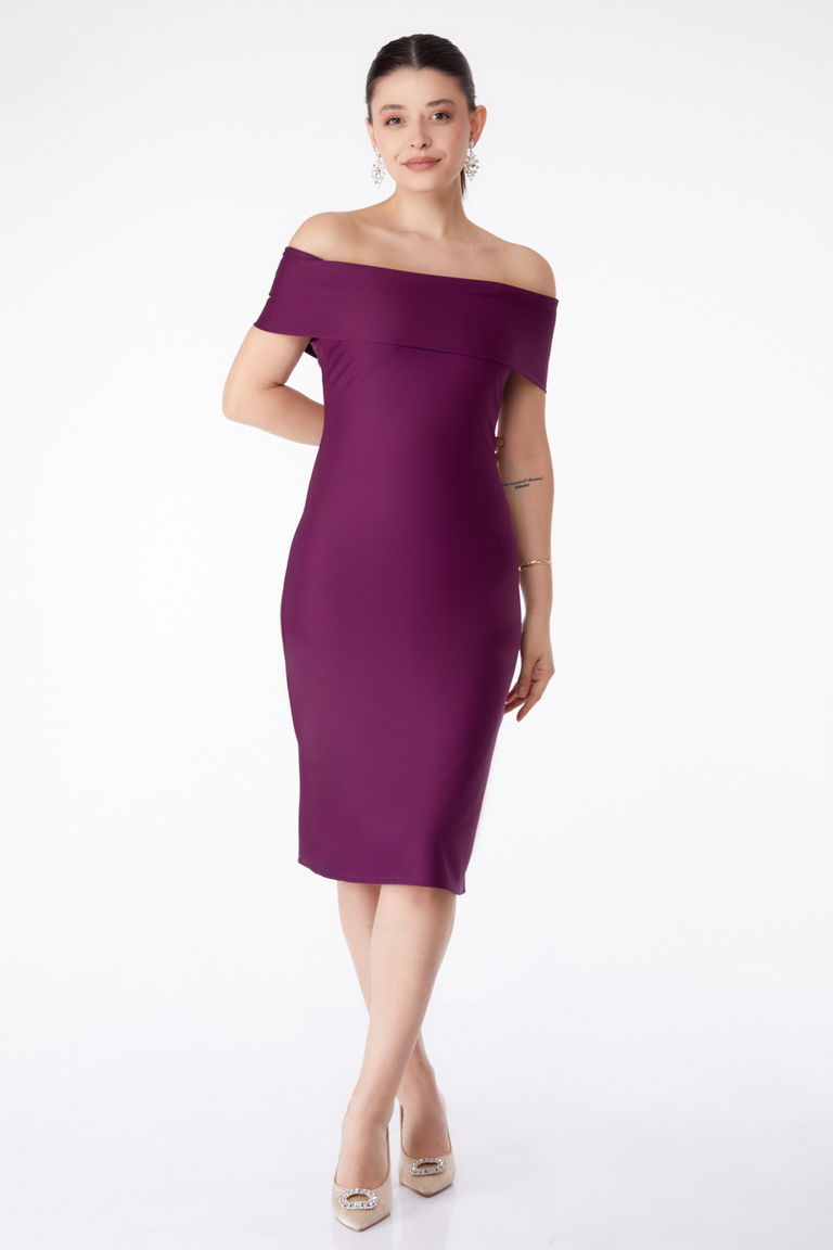 Düz Degaje Yaka Kadın Mor Abiye Elbise - 13187 - TOFİSA