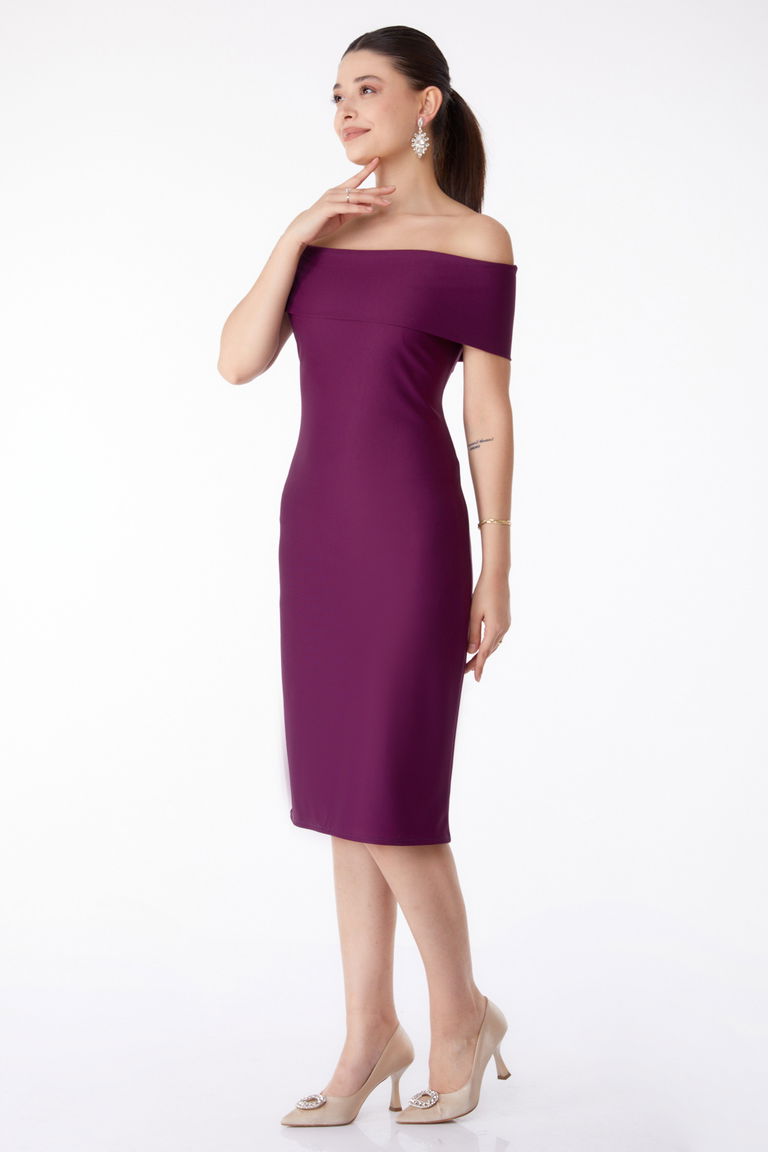 Düz Degaje Yaka Kadın Mor Abiye Elbise - 13187 - TOFİSA