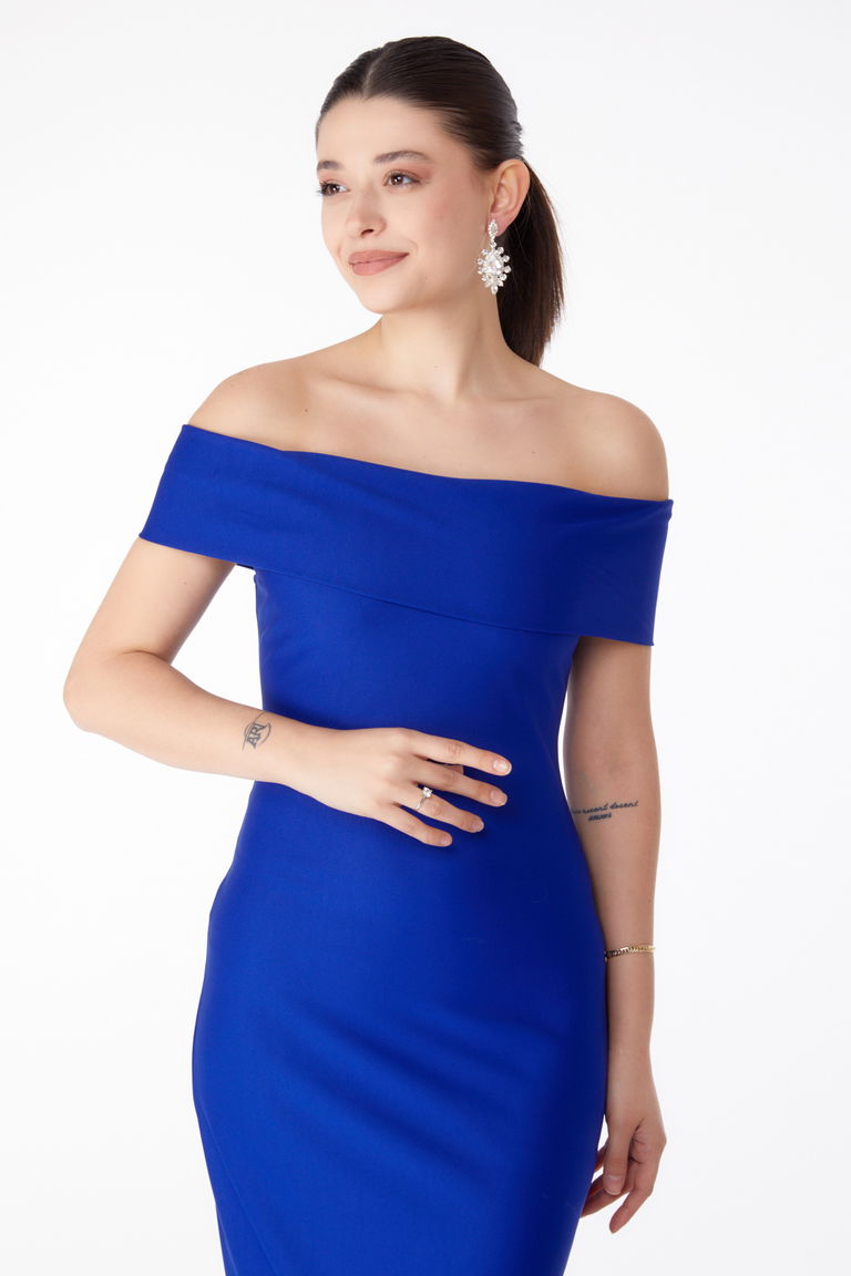 Düz Degaje Yaka Kadın Saks Abiye Elbise - 13187 - TOFİSA