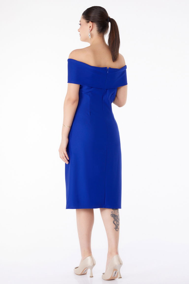 Düz Degaje Yaka Kadın Saks Abiye Elbise - 13187 - TOFİSA