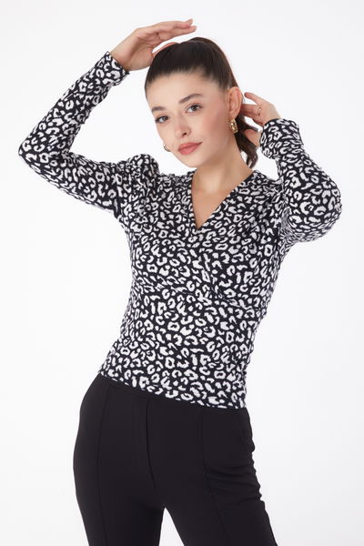 Leopar Desenli Bluz Siyah - 26215 
