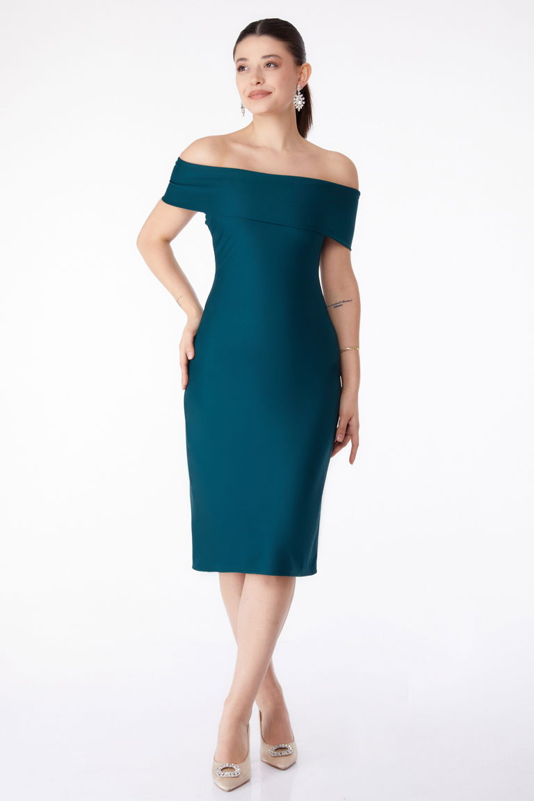 Düz Degaje Yaka Kadın Zümrüt Abiye Elbise - 13187 - TOFİSA