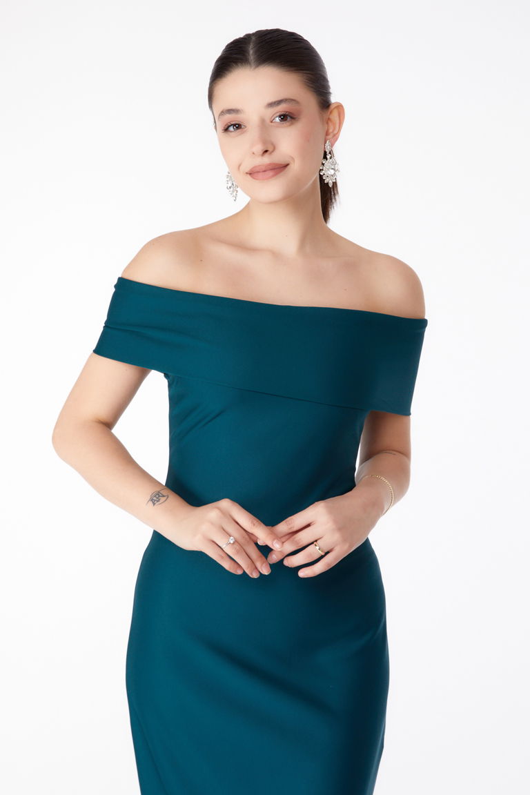 Düz Degaje Yaka Kadın Zümrüt Abiye Elbise - 13187 - TOFİSA