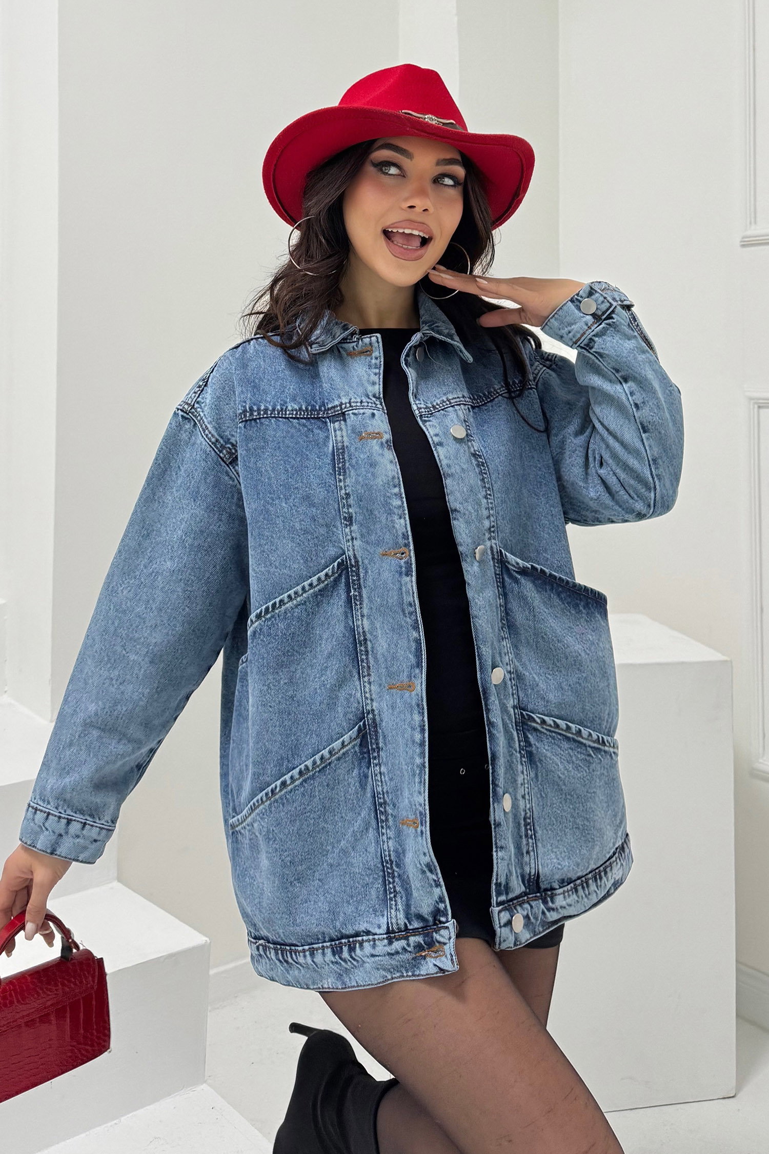 Kadın Oversize Çift Cep Detaylı Kot Ceket Acik Mavi - 26589 - 1