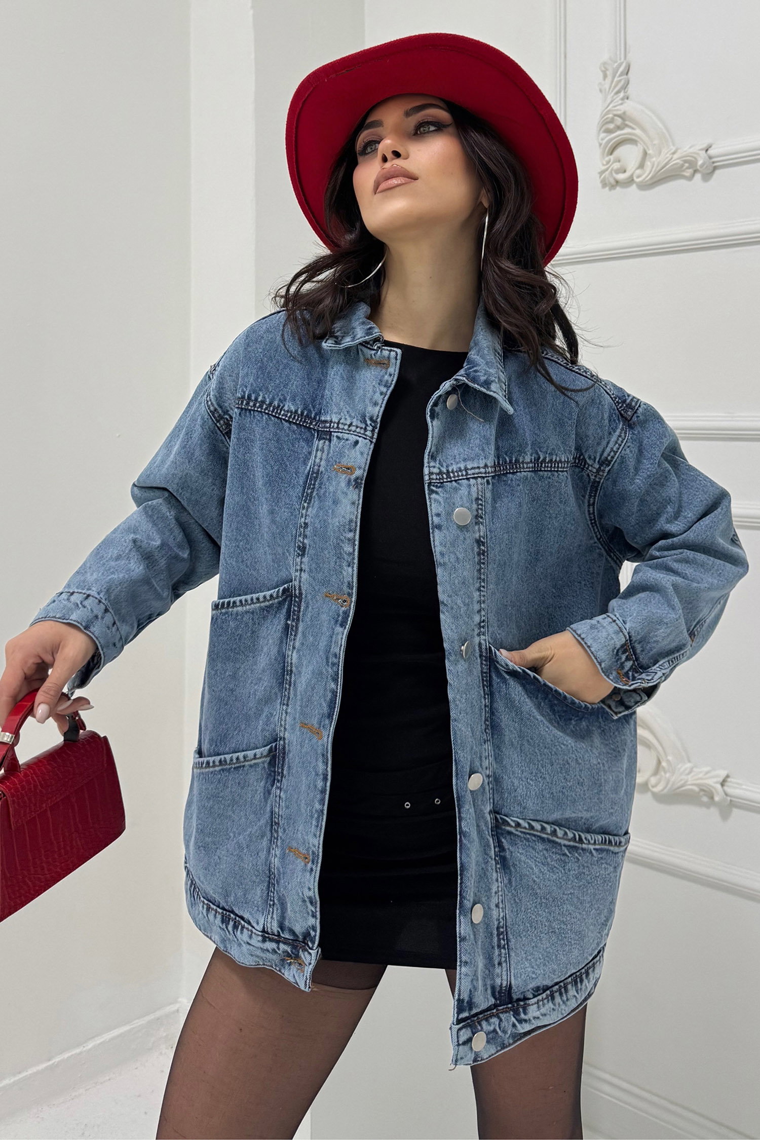 Kadın Oversize Çift Cep Detaylı Kot Ceket Acik Mavi - 26589 - 3