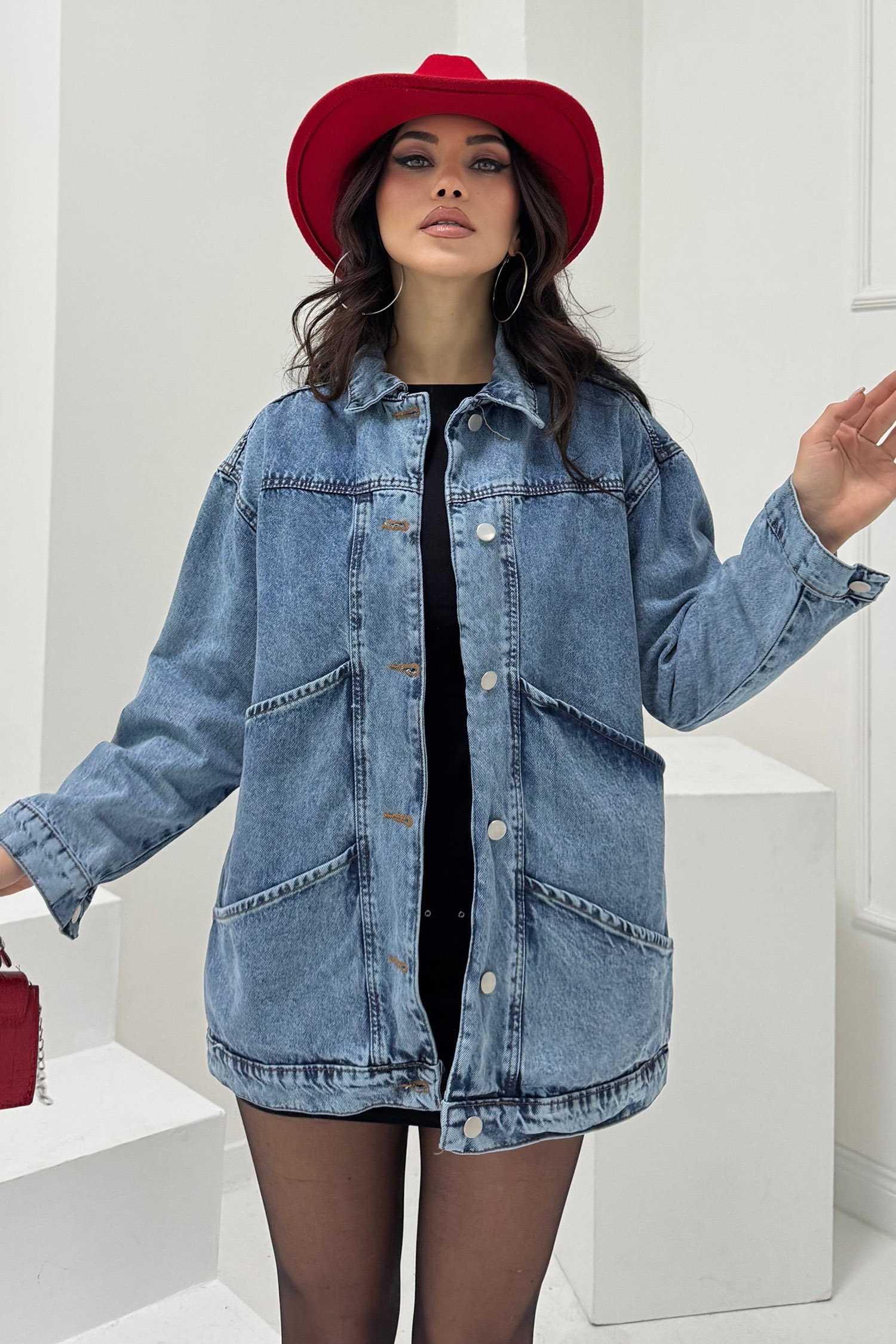 Kadın Oversize Çift Cep Detaylı Kot Ceket Acik Mavi - 26589 - 4