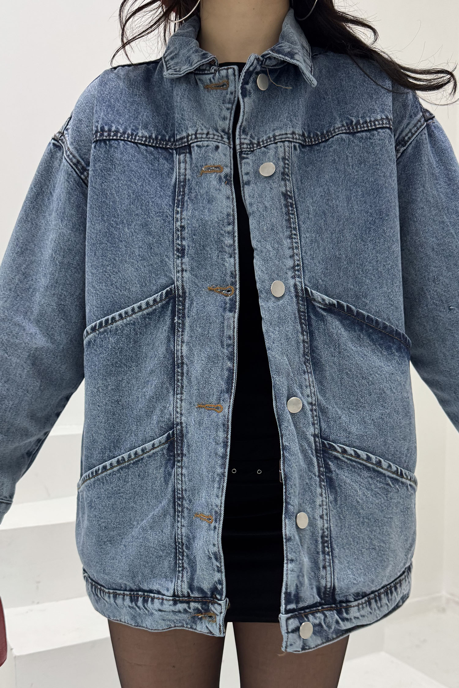 Kadın Oversize Çift Cep Detaylı Kot Ceket Acik Mavi - 26589 - 5