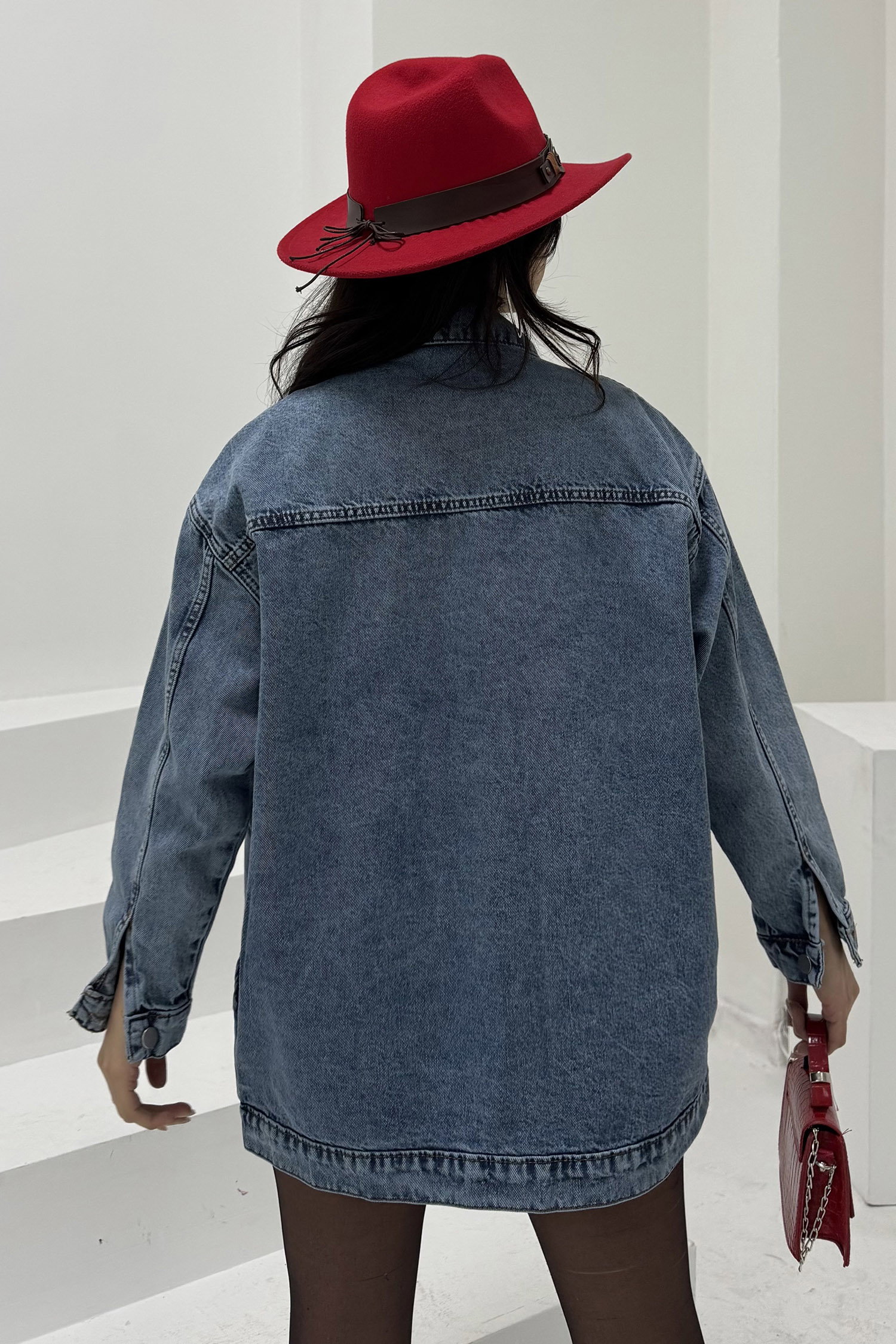 Kadın Oversize Çift Cep Detaylı Kot Ceket Acik Mavi - 26589 - 6