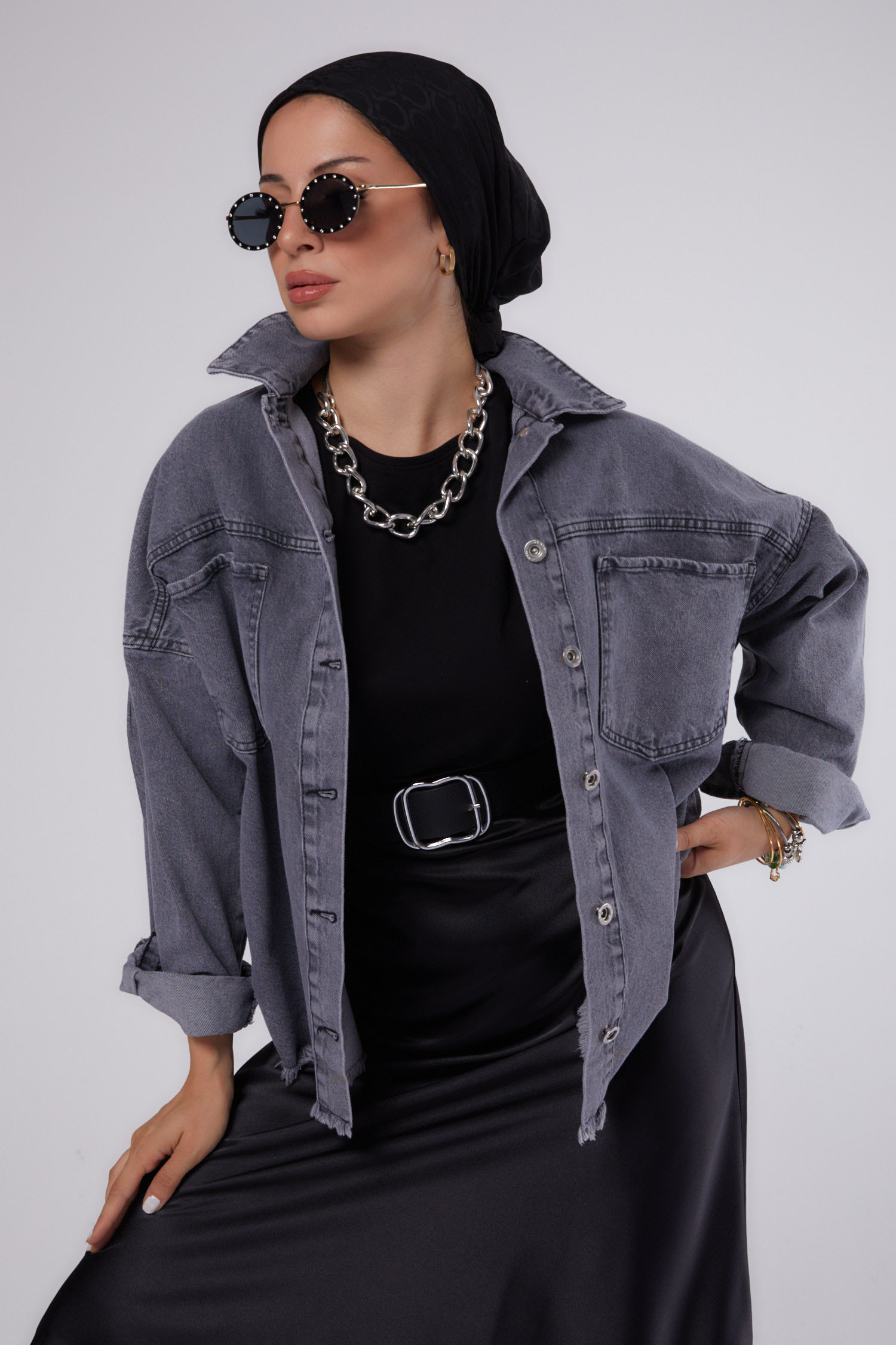Düz Gömlek Yaka Kadın Antrasit Çift Cepli Kot Ceket - 26081 - 3